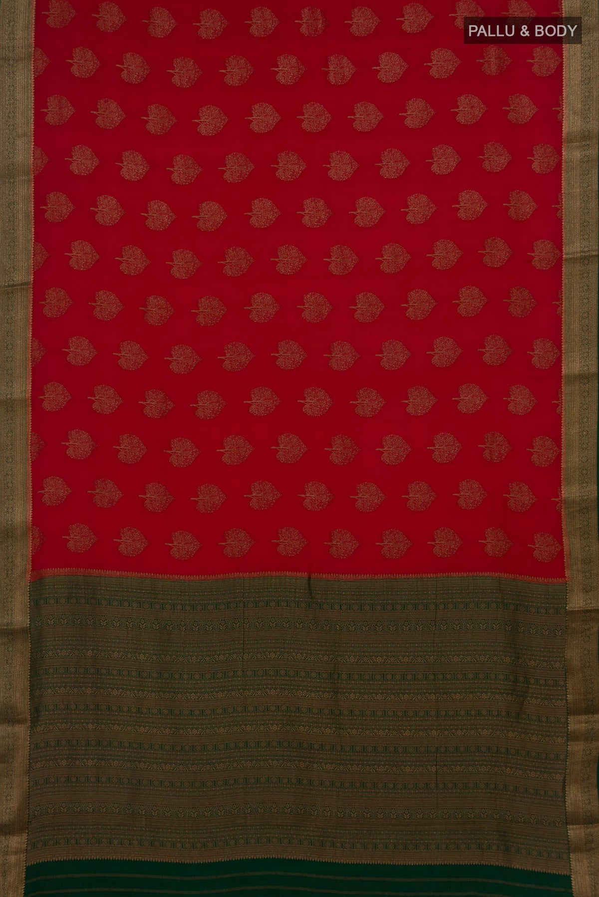 Flat view of Red Mysore Crepe Saree with Zari Butta on the body and Zari Border. 