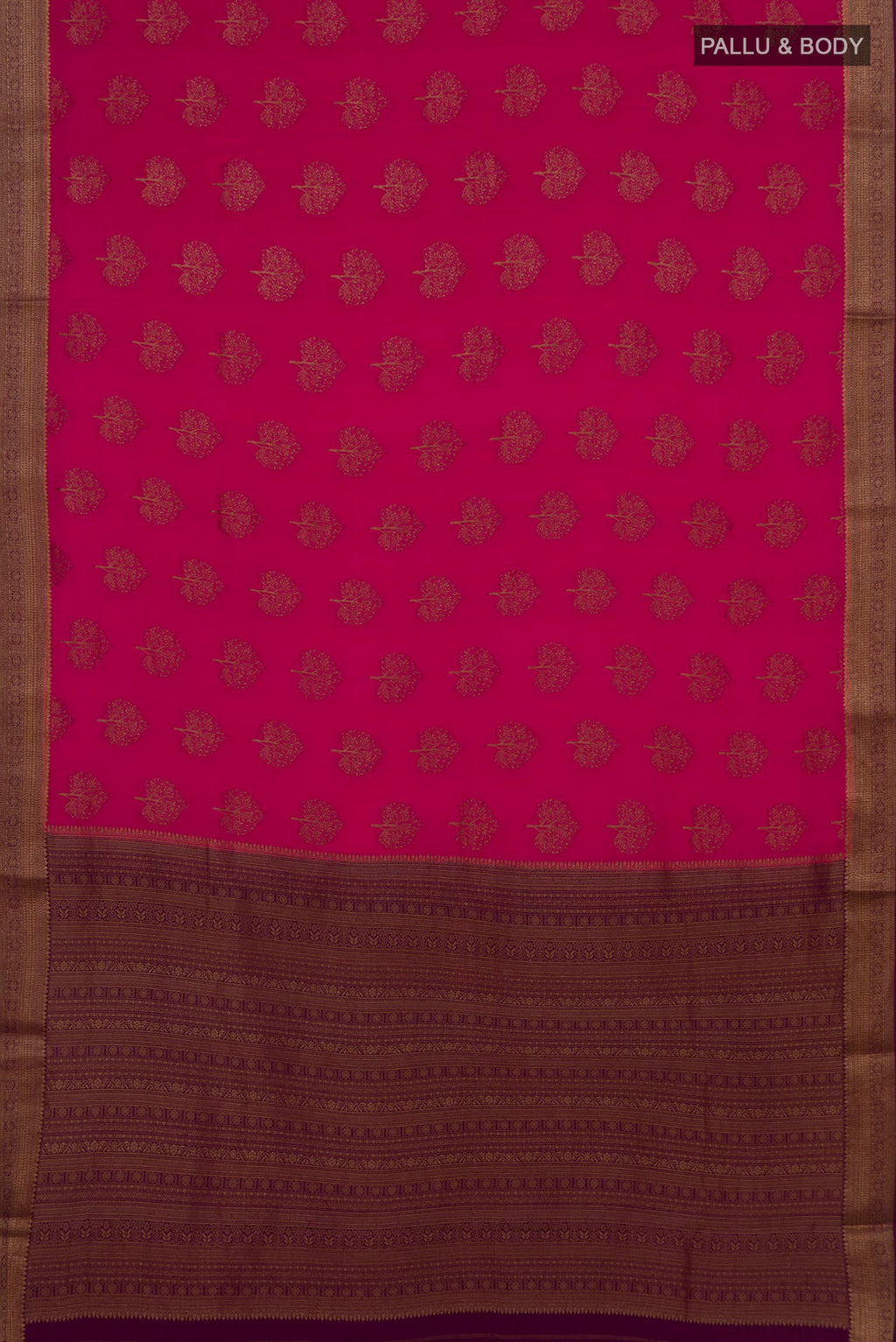 Flat view of Pink Crepe Saree with Zari Butta on the body and Zari Border. 