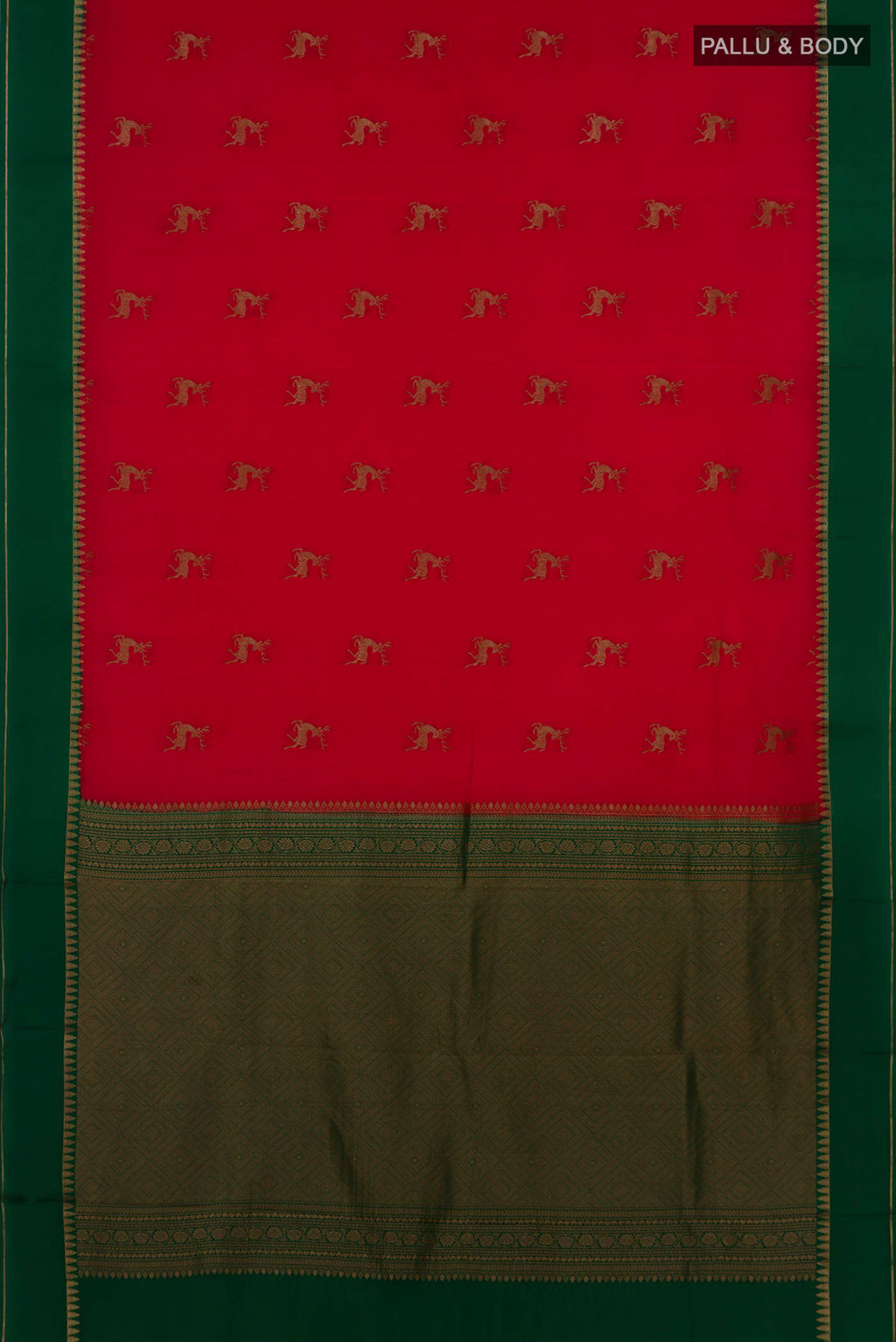 Flat view of Red Crepe Saree with Zari Butta on the body and Thin Zari Line. 