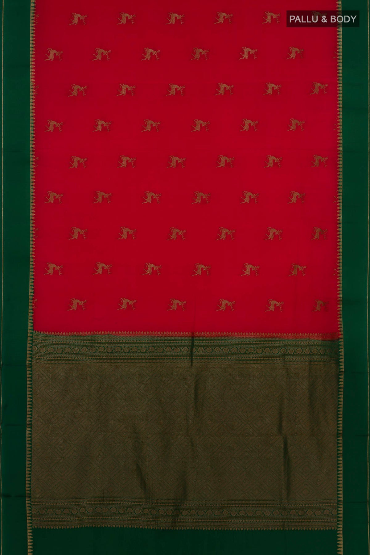 Flat view of Red Crepe Saree with Zari Butta on the body and Thin Zari Line. 