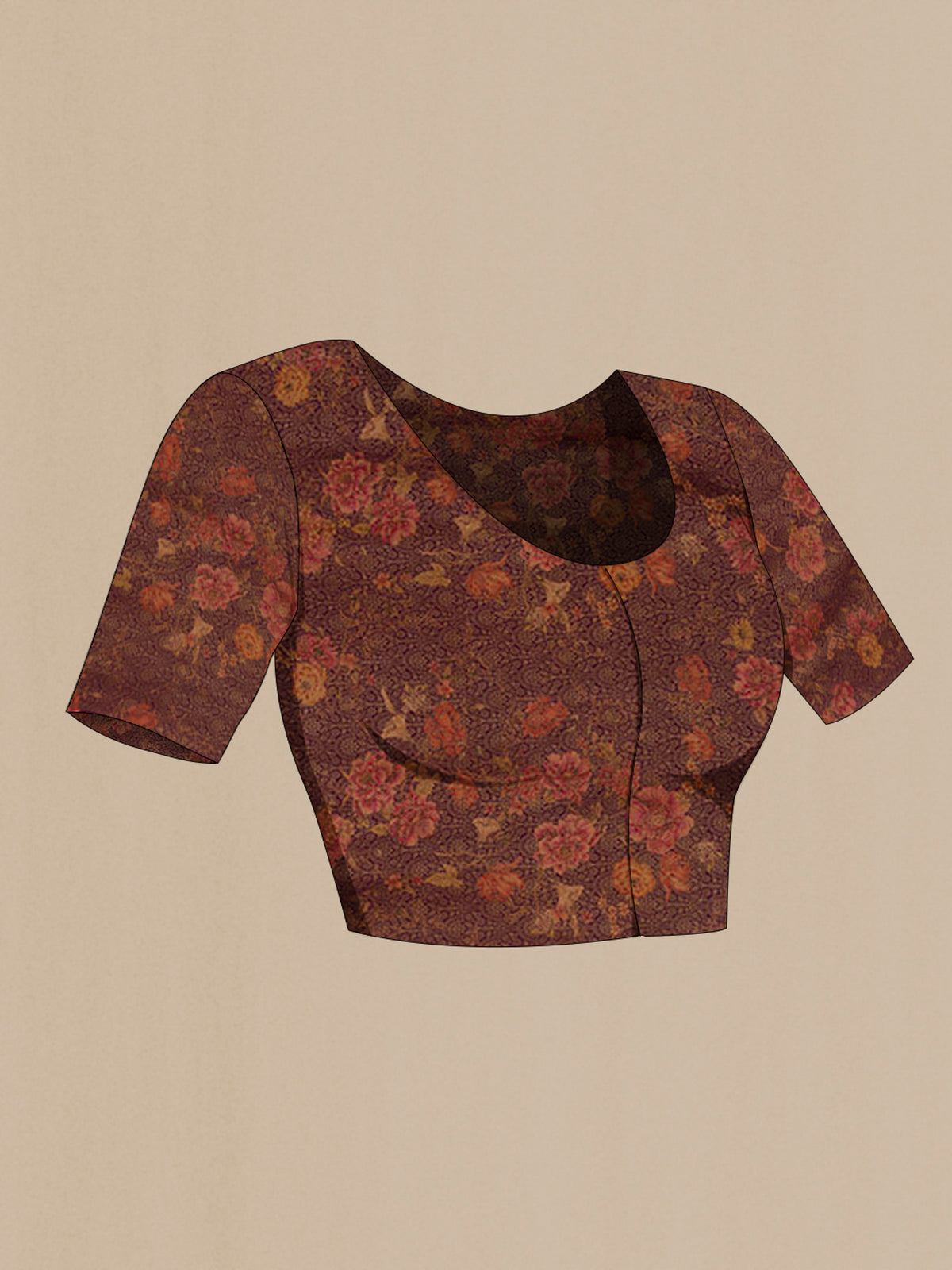 Close up image of the blouse of Mustard Crepe Saree with Plain Body and Zari Border. 