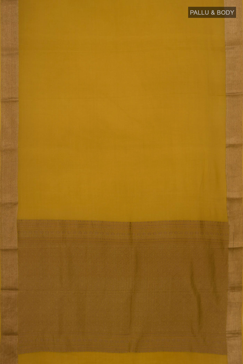 Flat view of Mustard Crepe Saree with Plain Body and Zari Border. 