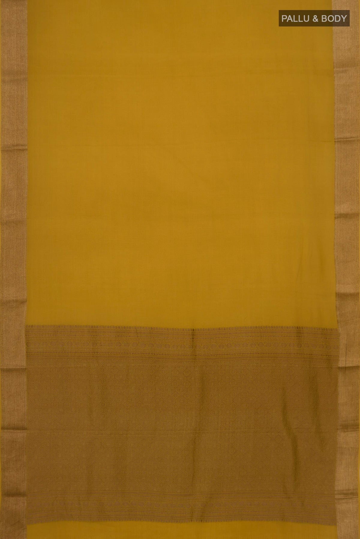 Flat view of Mustard Crepe Saree with Plain Body and Zari Border. 
