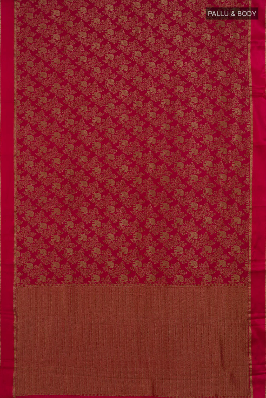 Flat view of Red Crepe Saree with Fancy on the body and Thin Zari Line. 