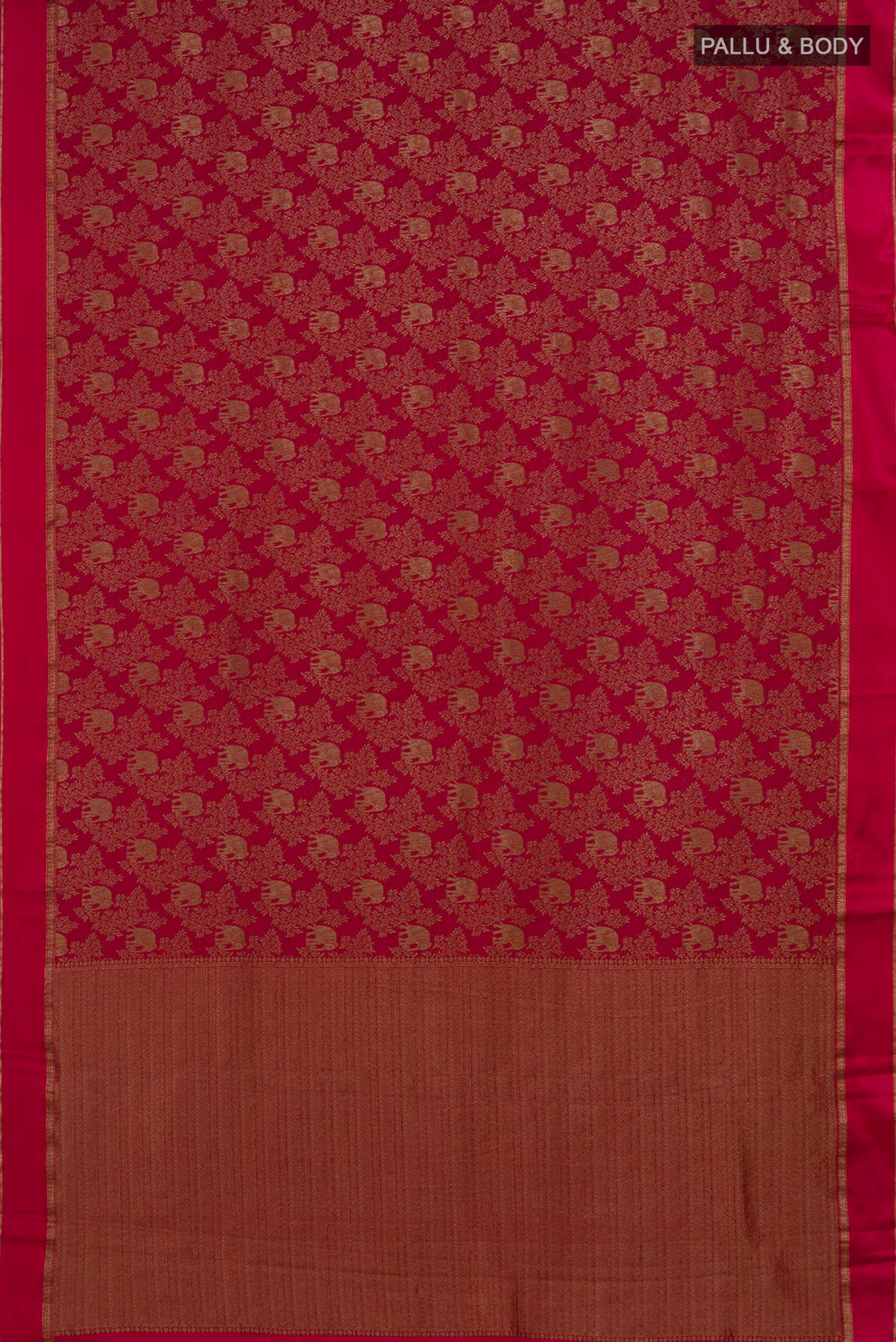Flat view of Red Crepe Saree with Fancy on the body and Thin Zari Line. 