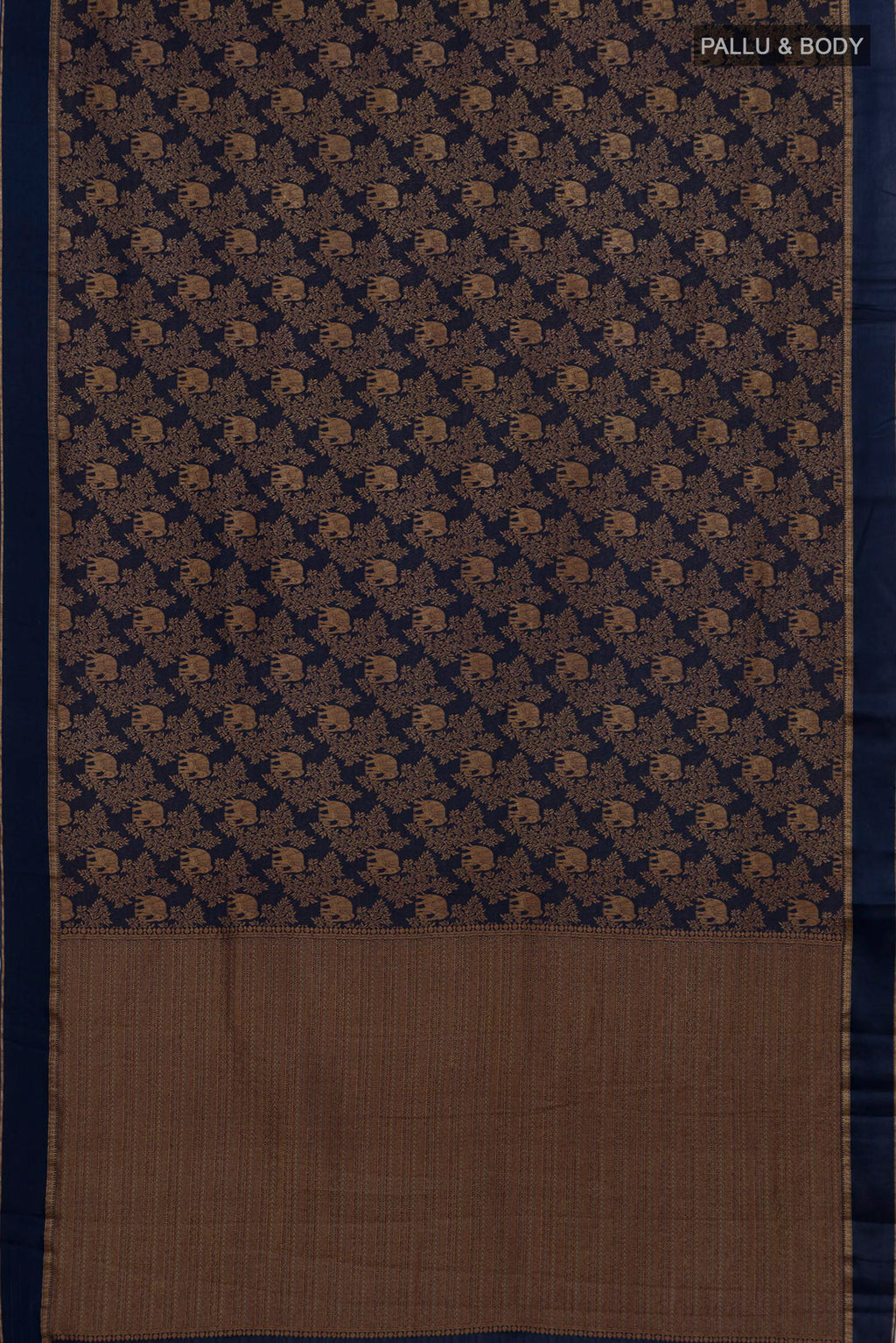 Flat view of Navy Blue Mysore Crepe Saree with Zari Brocade on the body and Zari Border. 