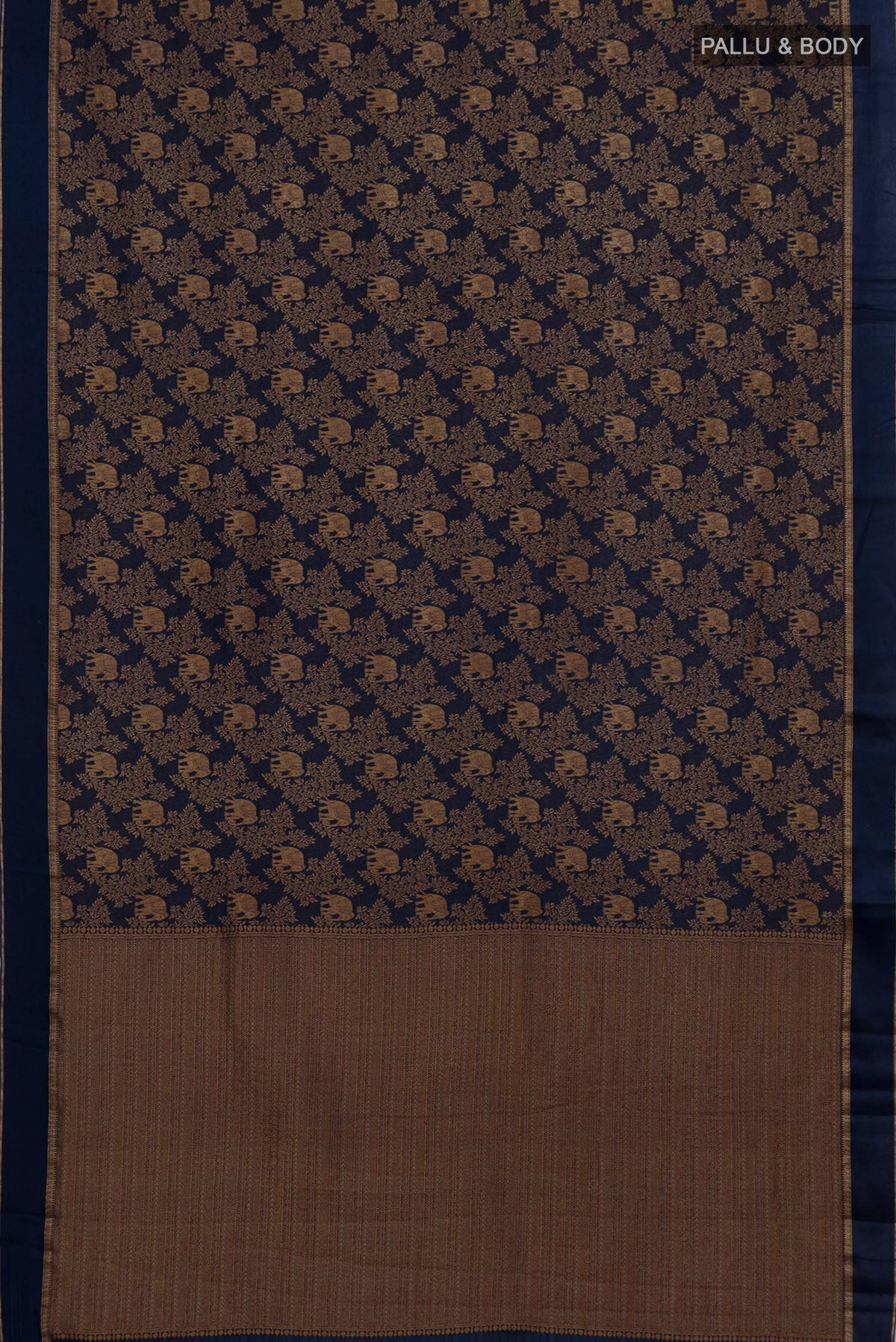 Flat view of Navy Blue Mysore Crepe Saree with Zari Brocade on the body and Zari Border. 