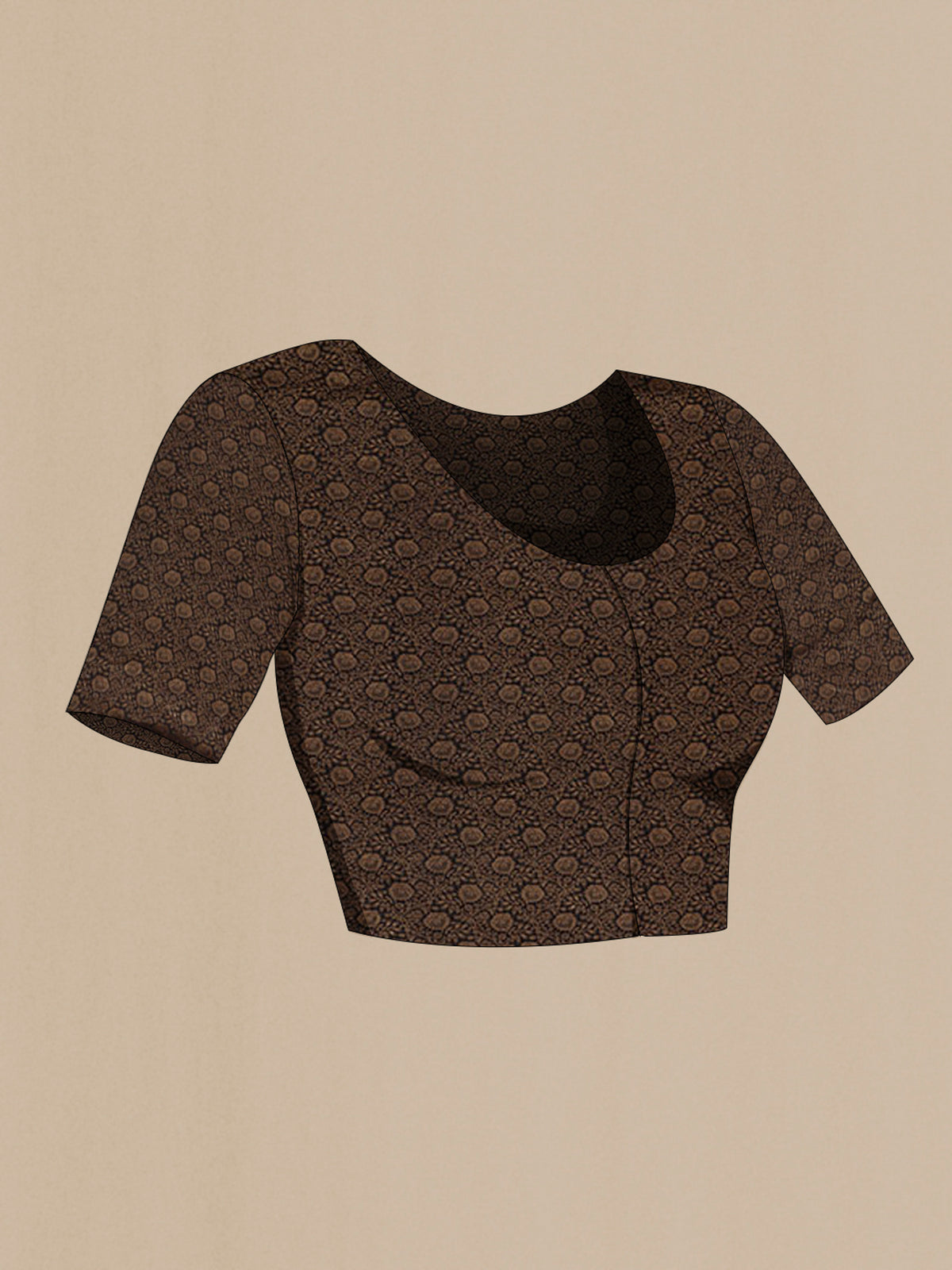 Close up image of the blouse of Black Mysore Crepe Saree with Zari Brocade on the body and Zari Border. 