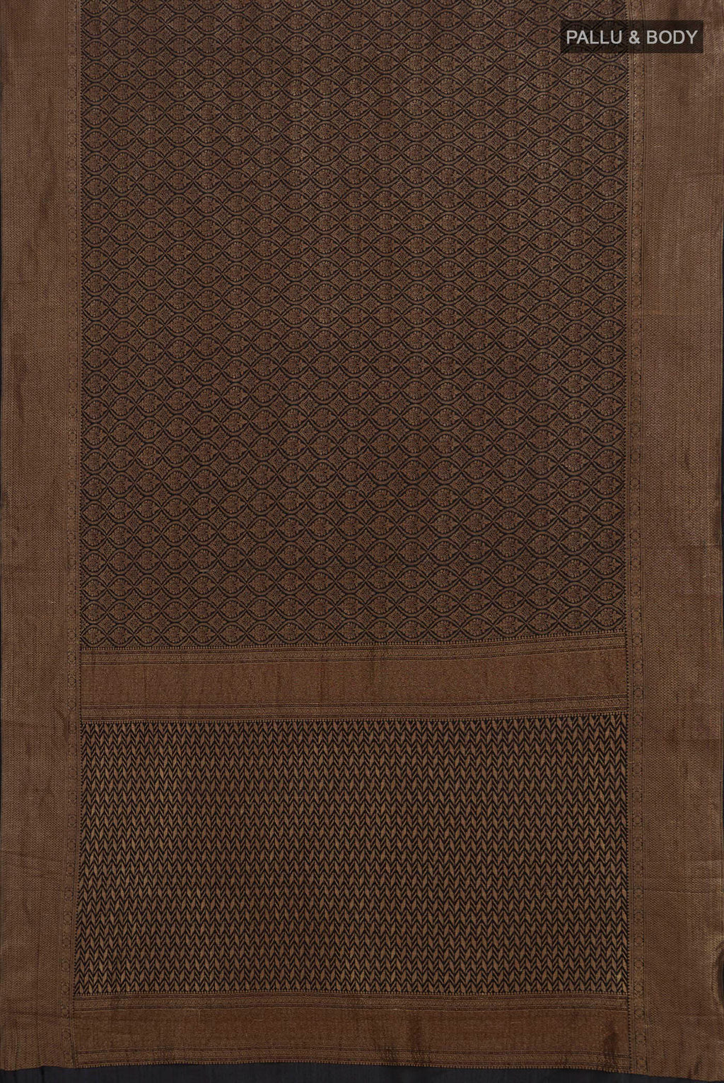 Flat view of Black Mysore Crepe Saree with Zari Brocade on the body and Zari Border. 