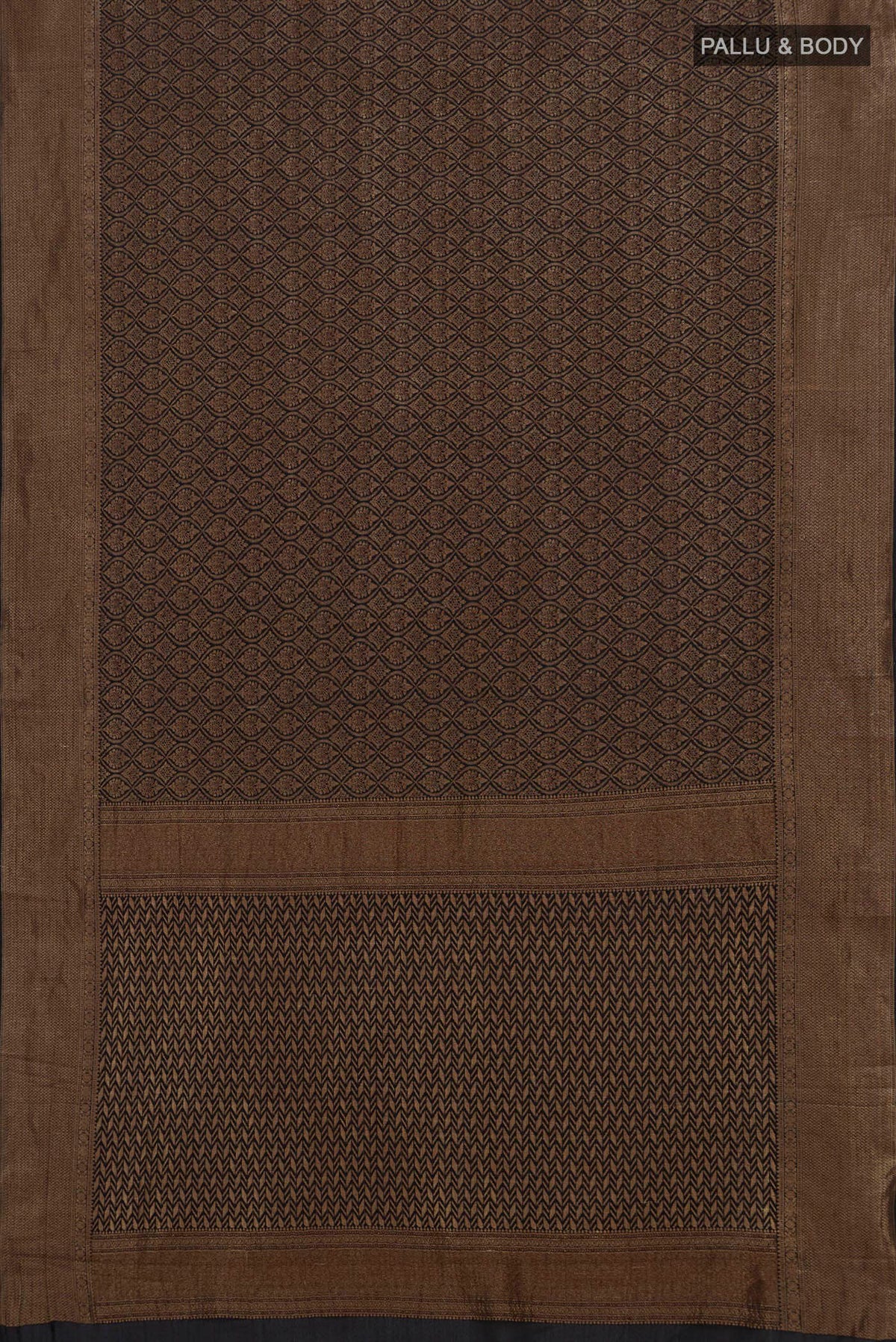 Flat view of Black Mysore Crepe Saree with Zari Brocade on the body and Zari Border. 