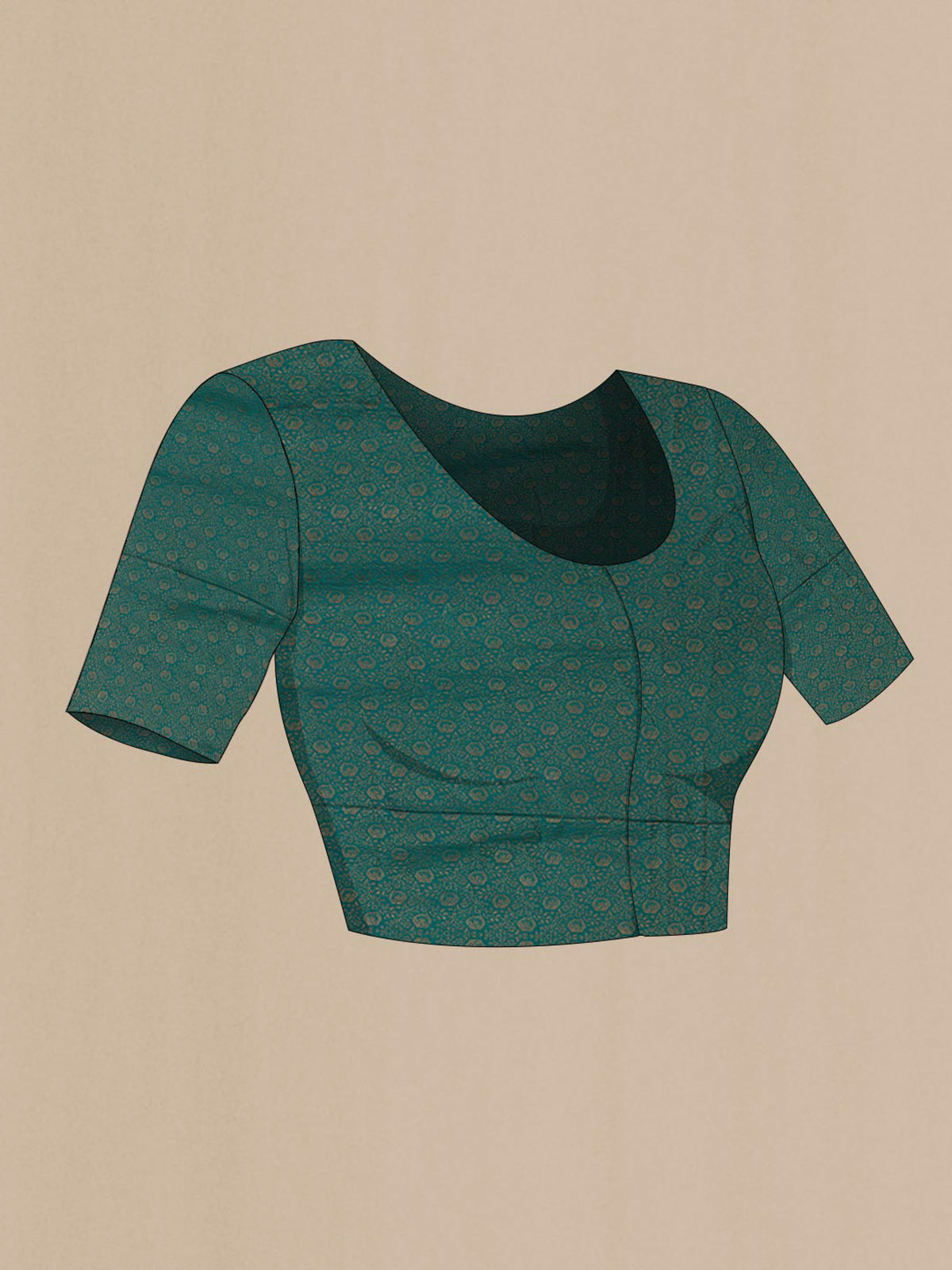 Close up image of the blouse of Teal Crepe Saree with Zari Brocade on the body and Fancy Border. 