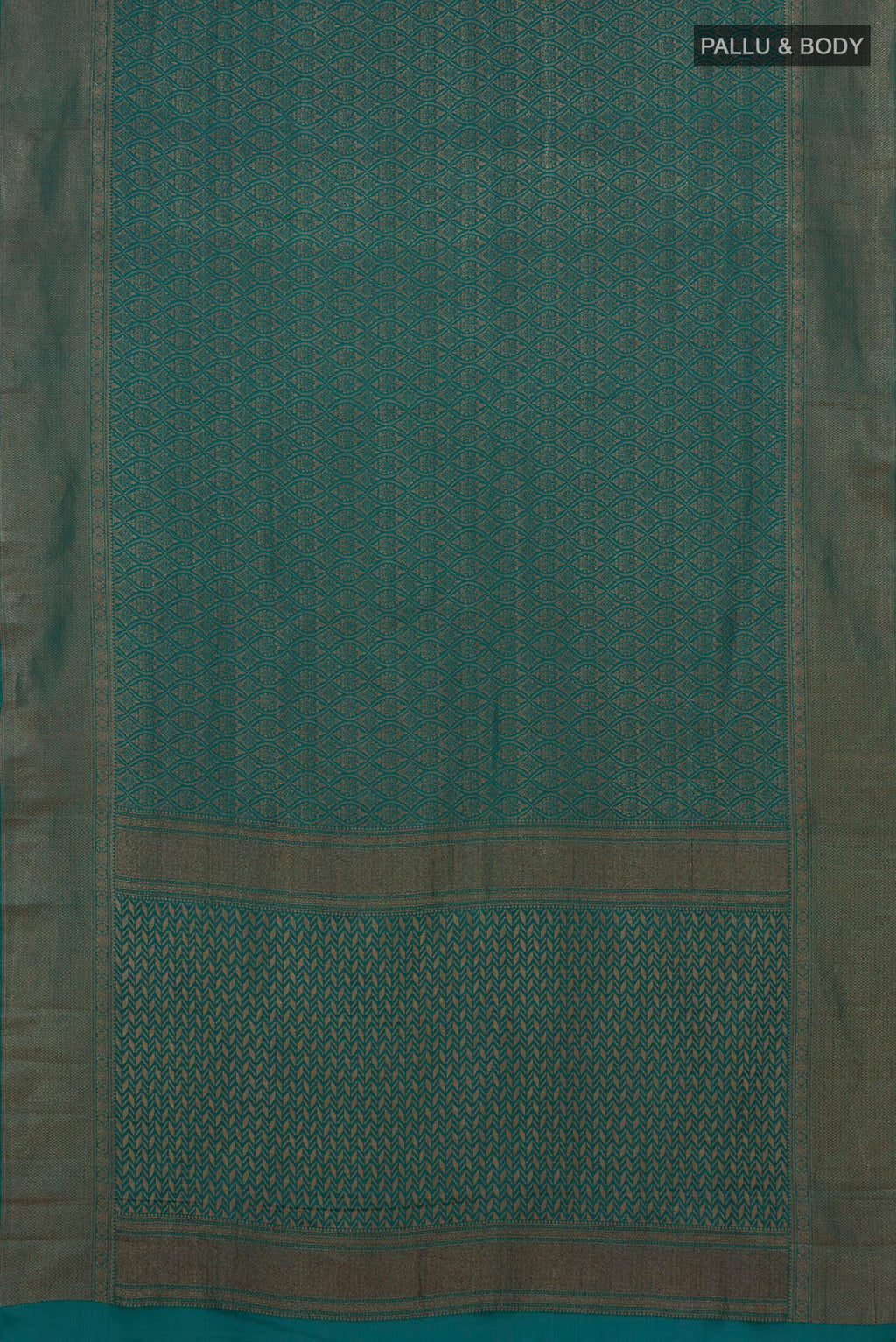 Flat view of Teal Crepe Saree with Zari Brocade on the body and Fancy Border. 