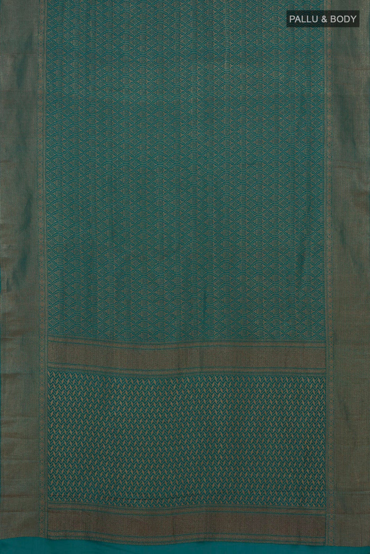 Flat view of Teal Crepe Saree with Zari Brocade on the body and Fancy Border. 