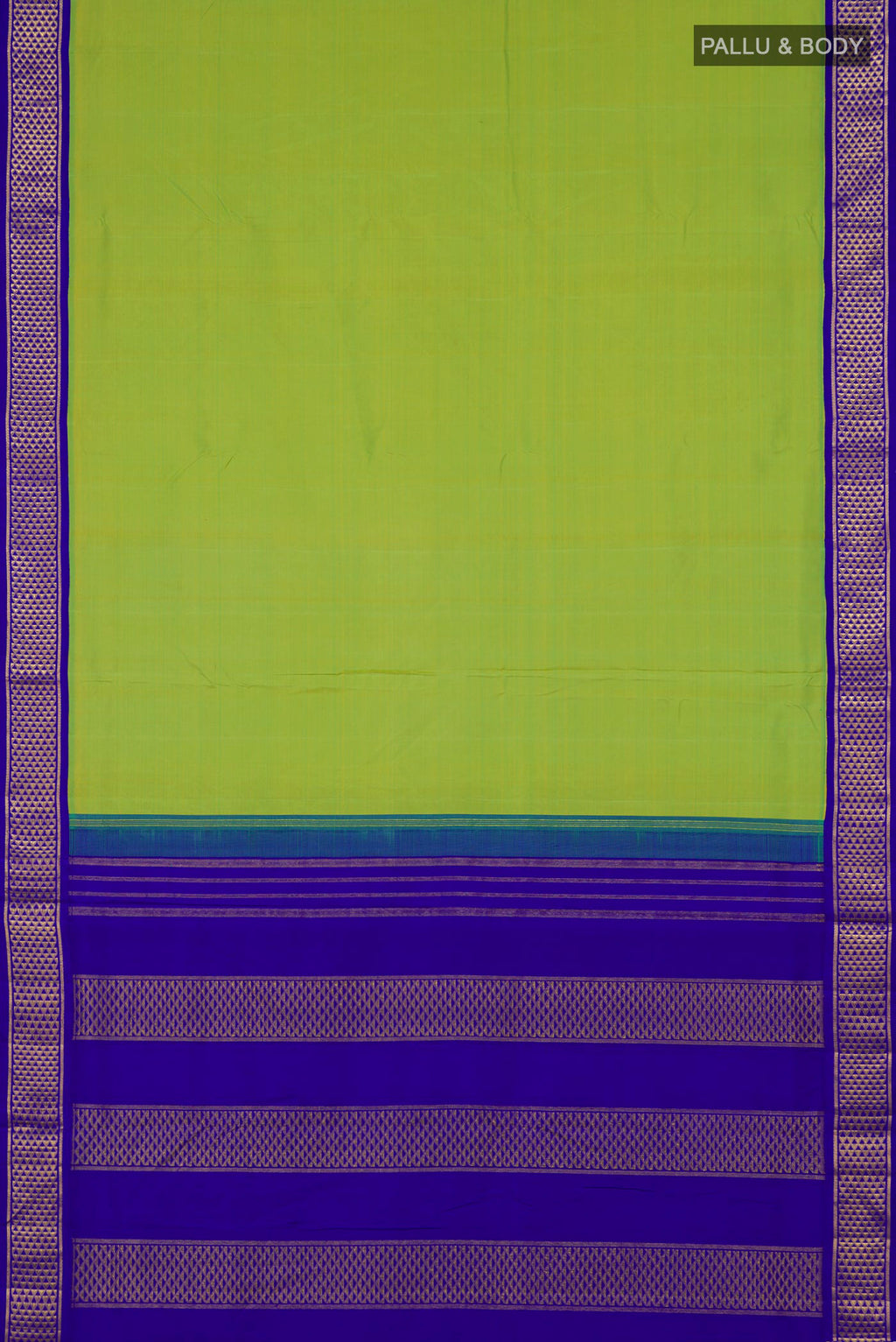 Flat view of Pure Silk Parrot Green Kanchipuram Nine Yards Saree with Plain Body and Zari Border. 