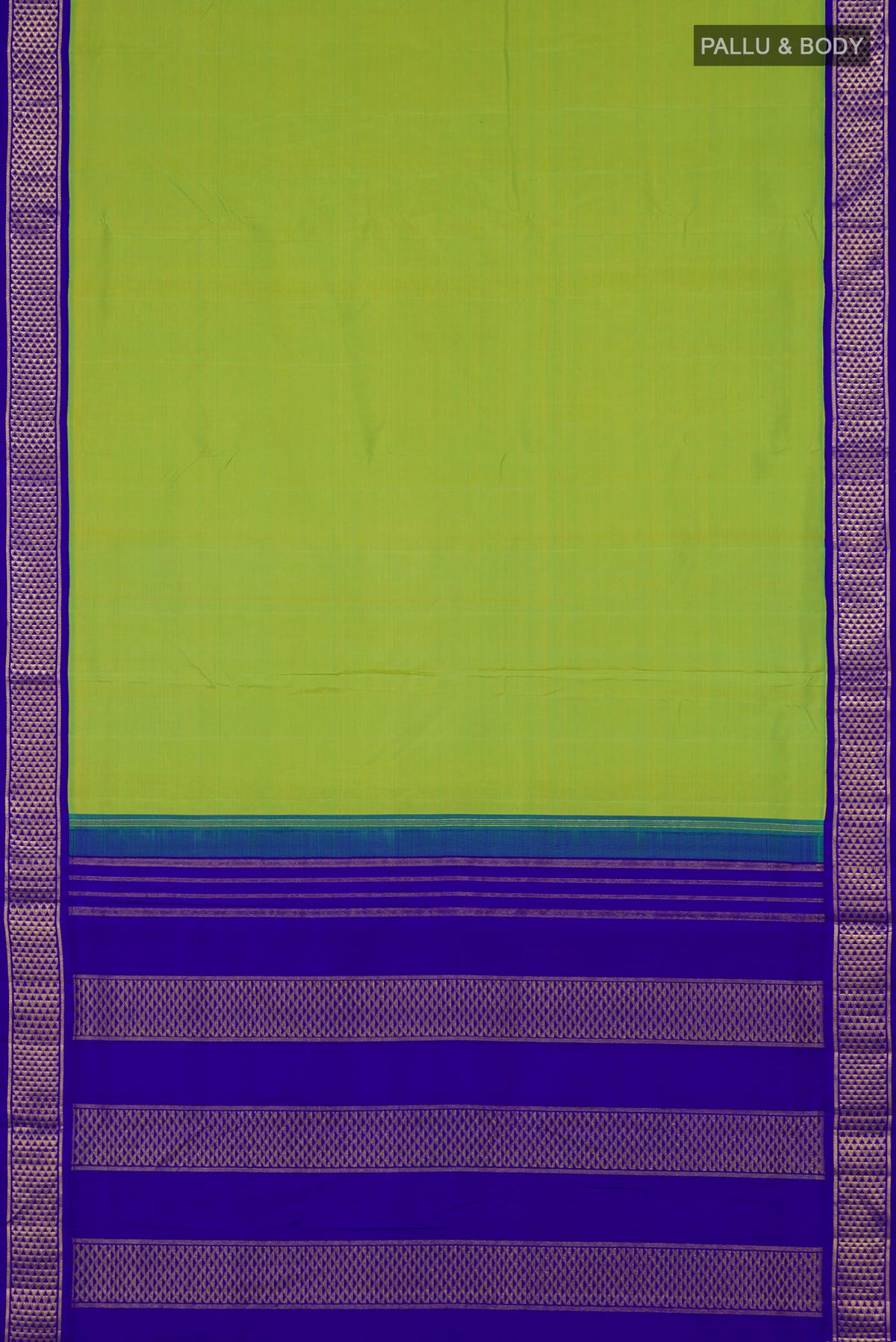 Flat view of Pure Silk Parrot Green Kanchipuram Nine Yards Saree with Plain Body and Zari Border. 