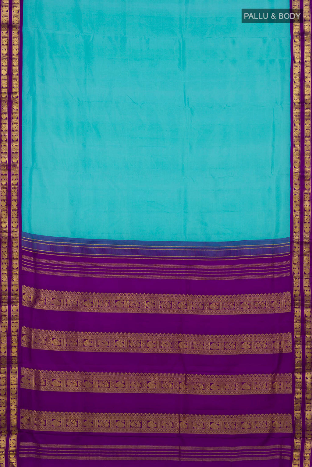 Flat view of Pure Silk Turquoise Kanjivaram Nine Yards Saree with Plain Body and Zari Border. 