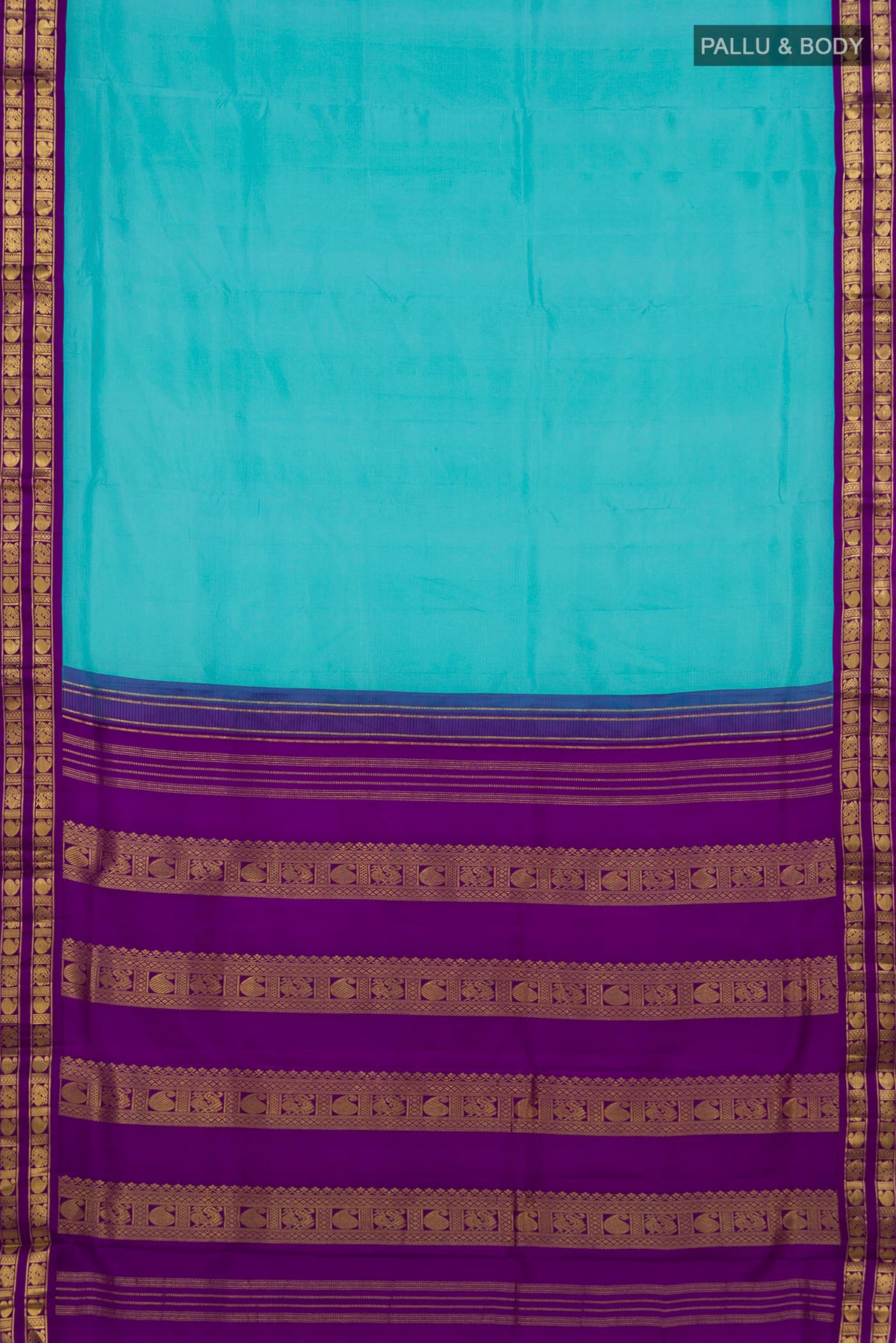 Flat view of Pure Silk Turquoise Kanjivaram Nine Yards Saree with Plain Body and Zari Border. 