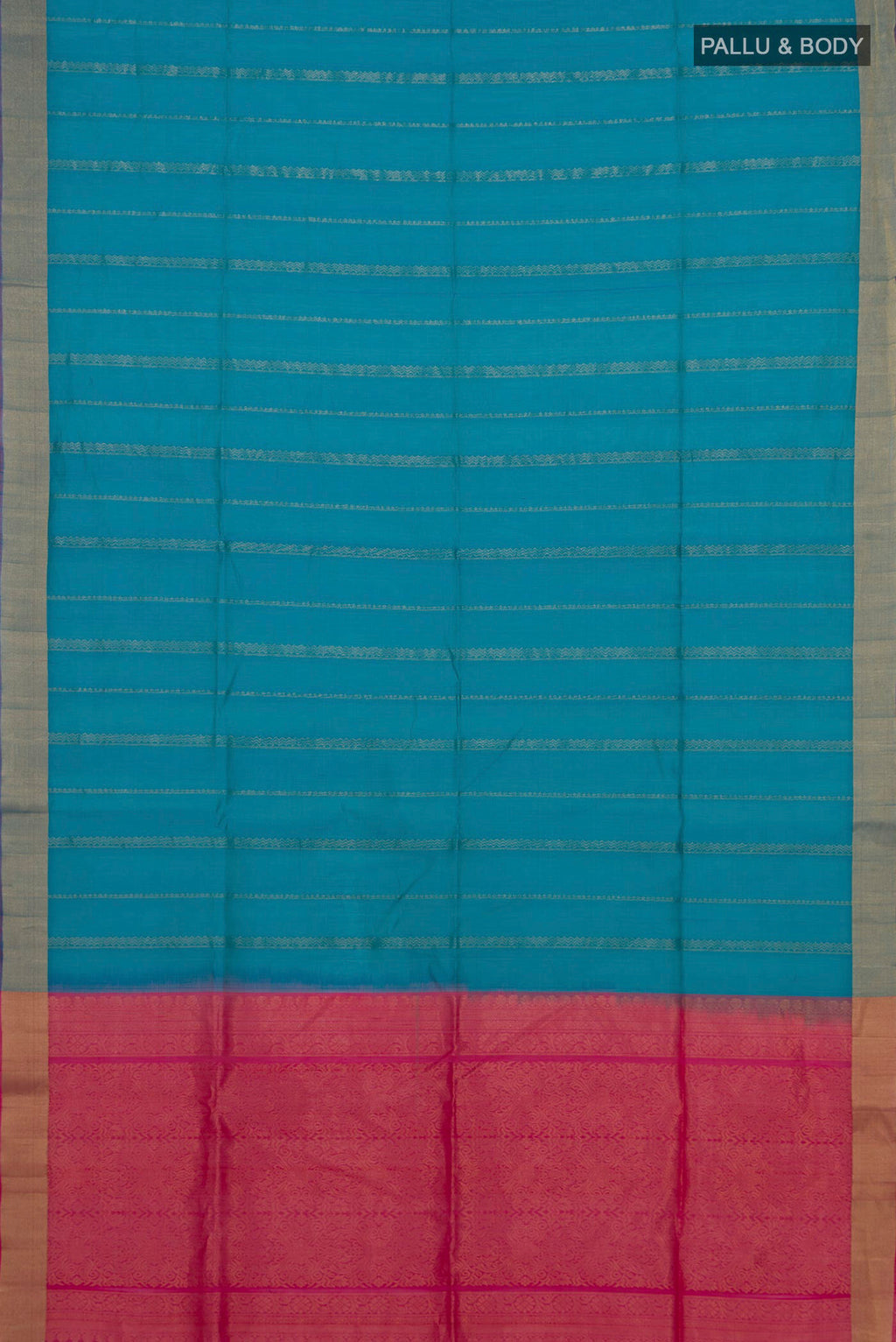 Flat view of Blue Silk Cotton Saree with Stripes on the body and Zari Border. 