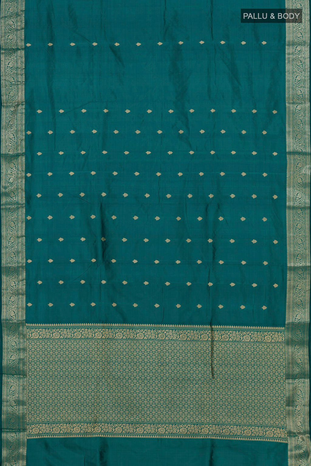 Flat view of Pure Silk Green Banarasi Katan Saree with Zari Butta on the body and Zari Border. 