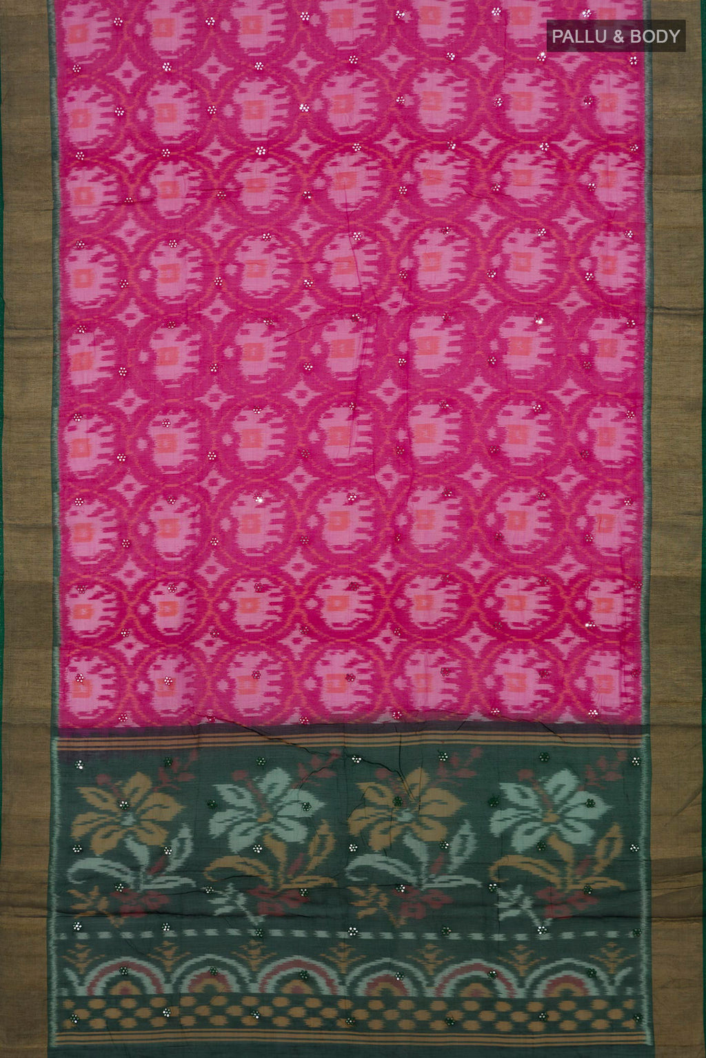 Flat view of Pink Silk Cotton Saree with Ikat Print on the body and Zari Border. 