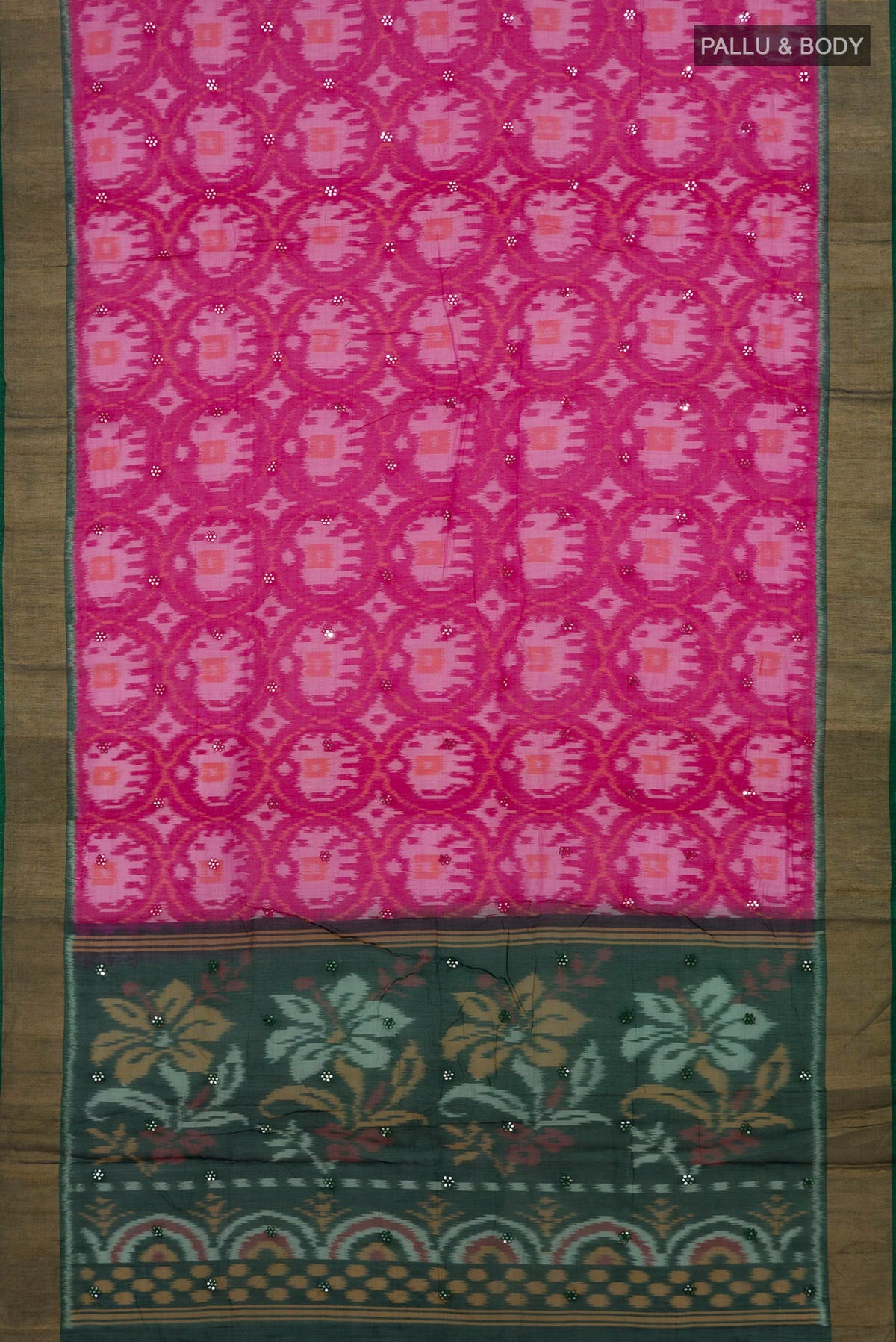 Flat view of Pink Silk Cotton Saree with Ikat Print on the body and Zari Border. 