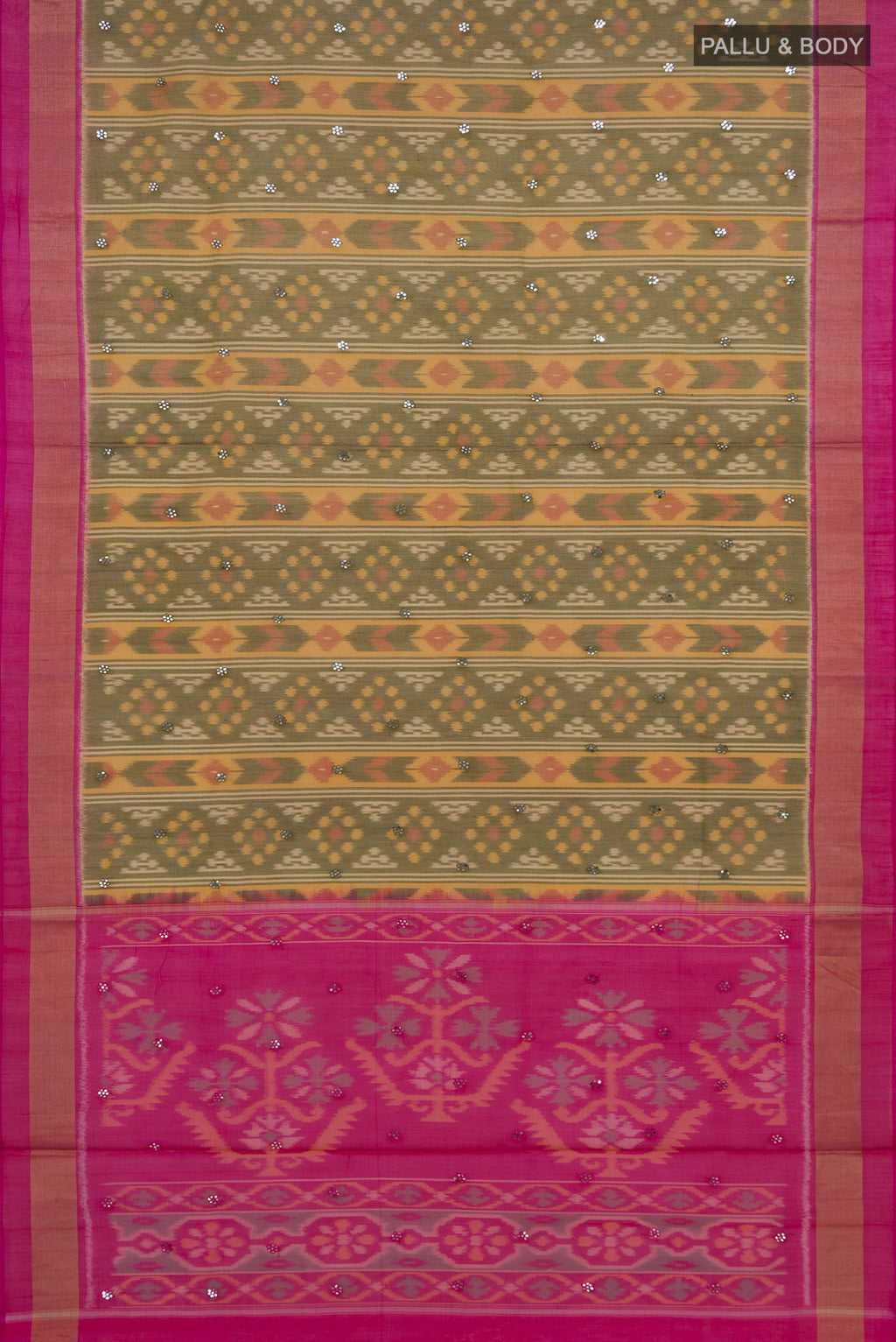 Flat view of Green Silk Cotton Saree with Ikat Print on the body and Zari Border. 