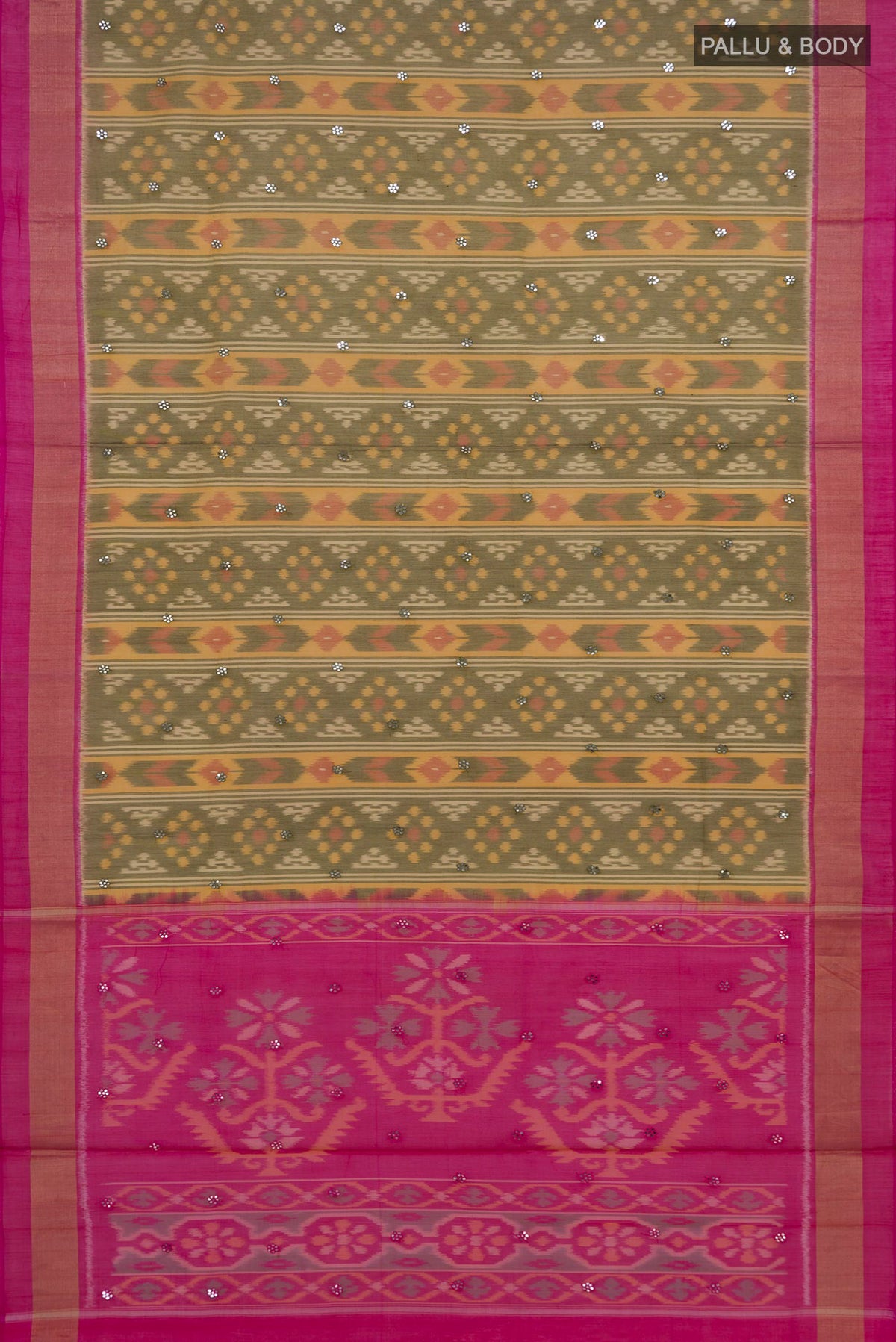 Flat view of Green Silk Cotton Saree with Ikat Print on the body and Zari Border. 
