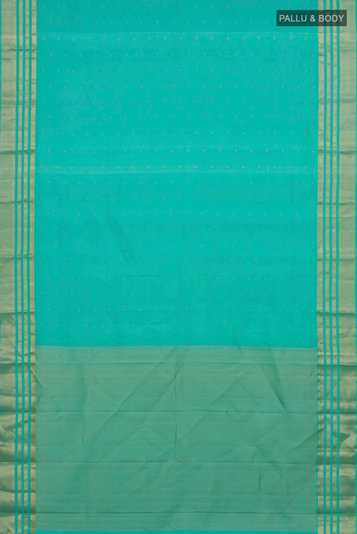 Flat view of Pure Silk Turquoise Kanchipuram Saree with Zari Butta on the body and Zari Border. 