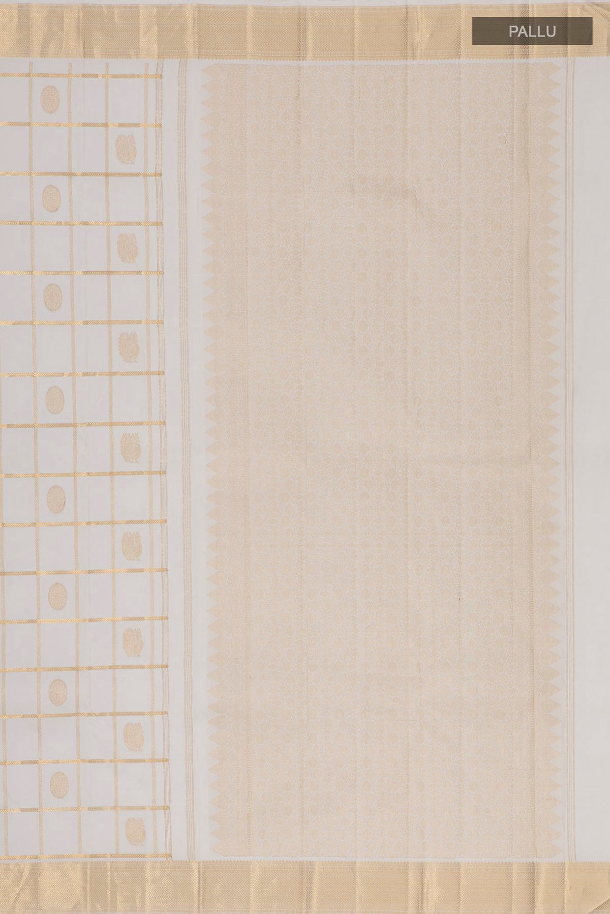 Close up image of the pallu of Pure Silk White Kanchipuram Saree with Checked design on the body and Zari Border. 
