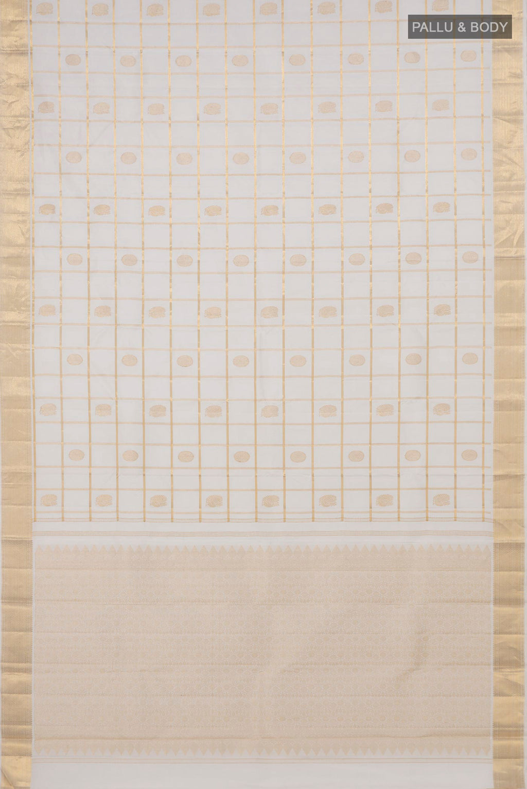 Flat view of Pure Silk White Kanchipuram Saree with Checked design on the body and Zari Border. 