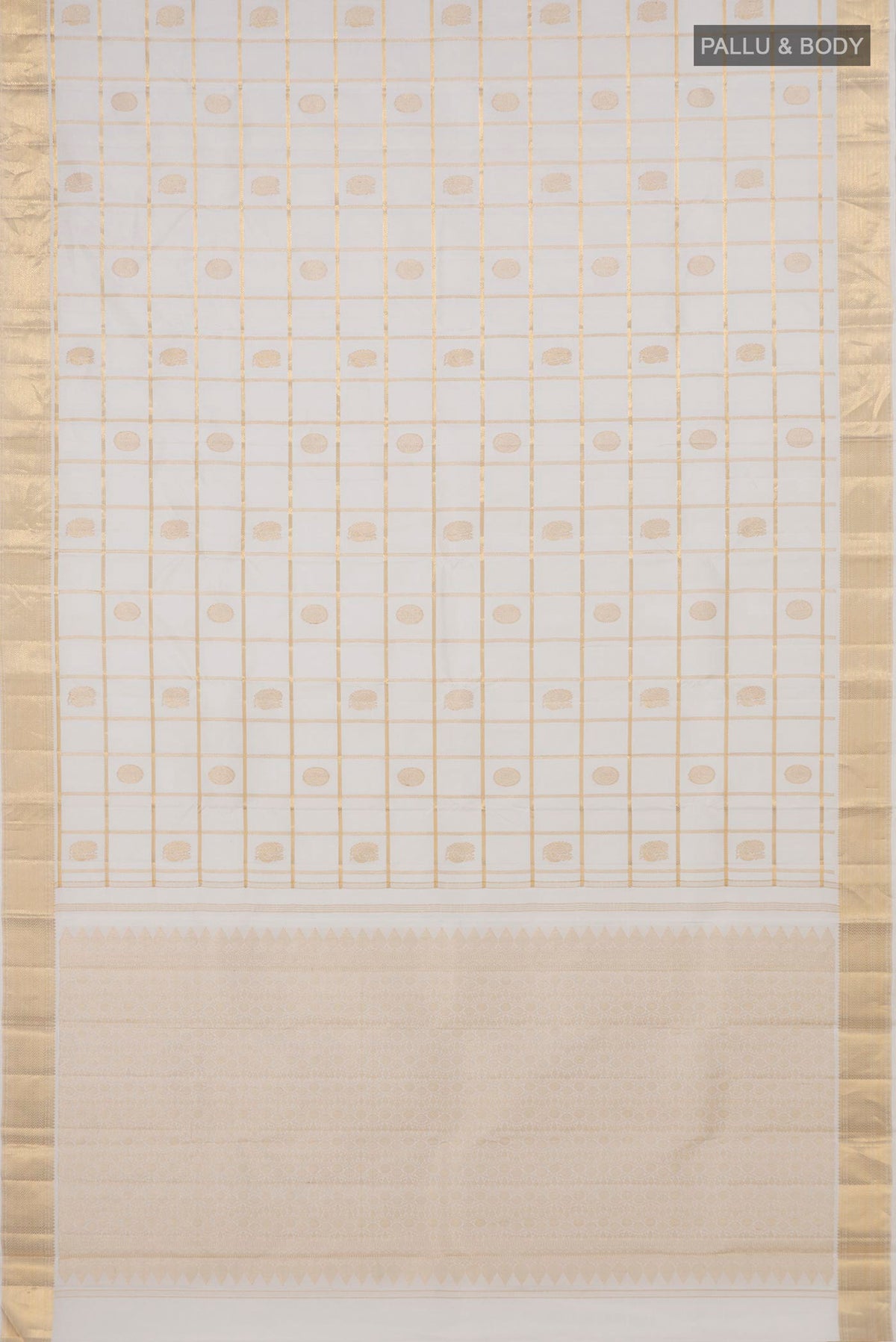 Flat view of Pure Silk White Kanchipuram Saree with Checked design on the body and Zari Border. 