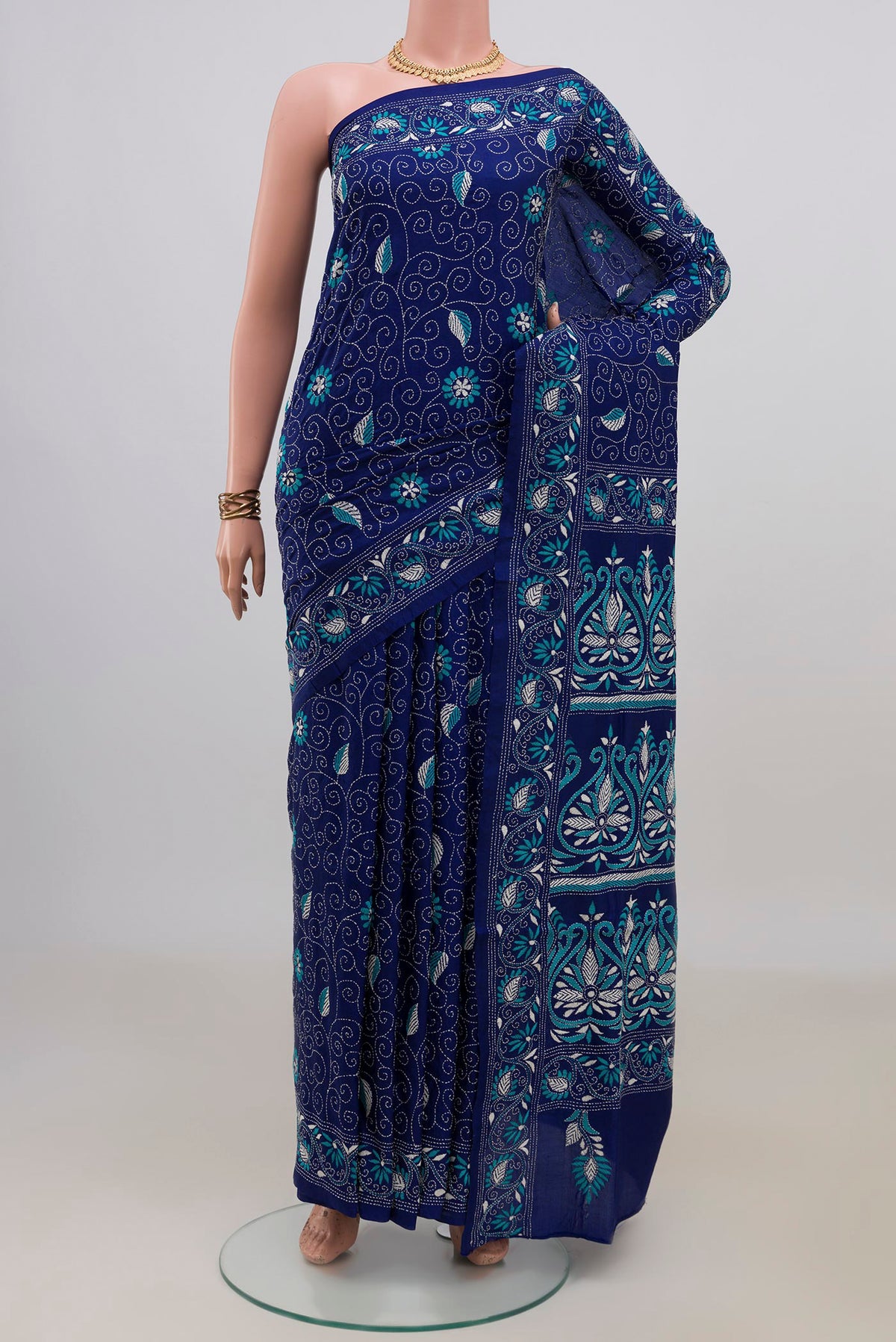 Pure Silk Blue Kantha Saree with Kantha Work on the body and Thread Border.  displayed on a mannequin