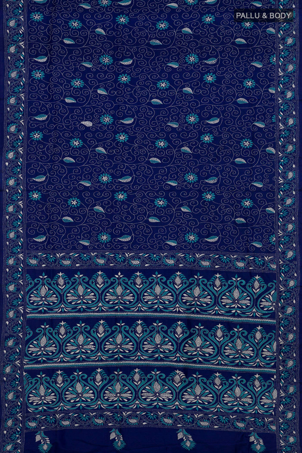 Flat view of Pure Silk Blue Kantha Saree with Kantha Work on the body and Thread Border. 