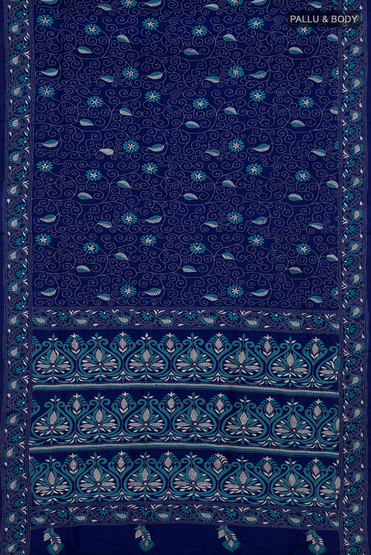 Flat view of Pure Silk Blue Kantha Saree with Kantha Work on the body and Thread Border. 