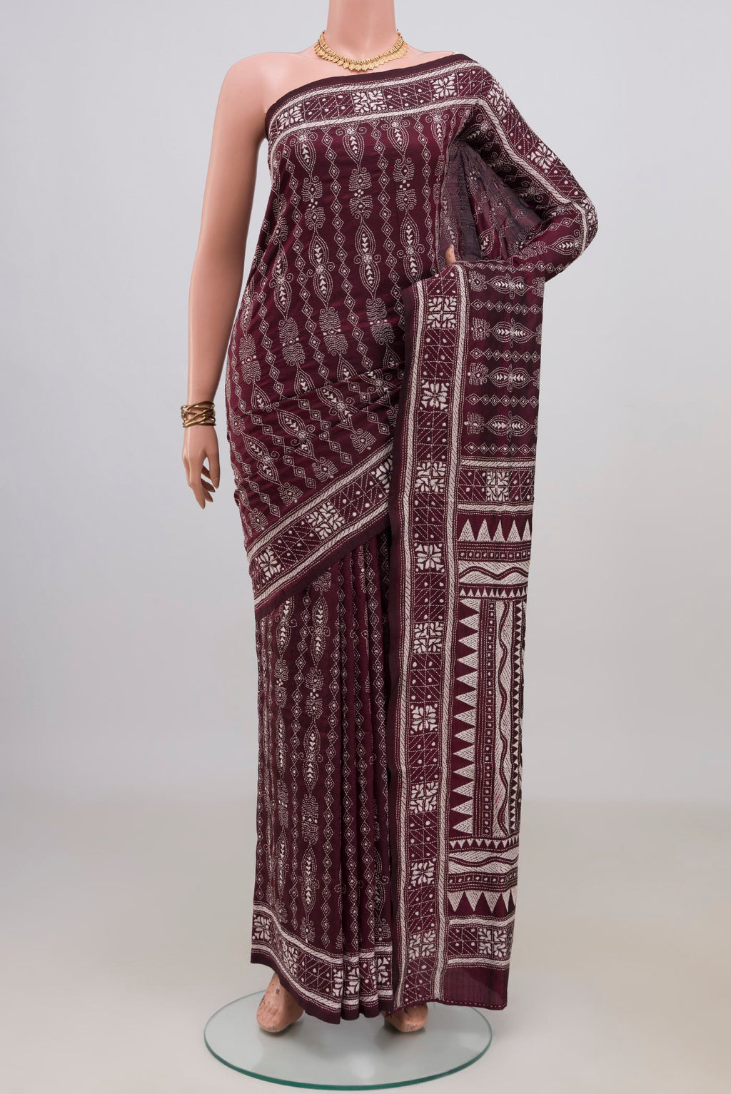 Pure Silk Coffee Brown Kantha Saree with Kantha Work on the body and Thread Border.  displayed on a mannequin