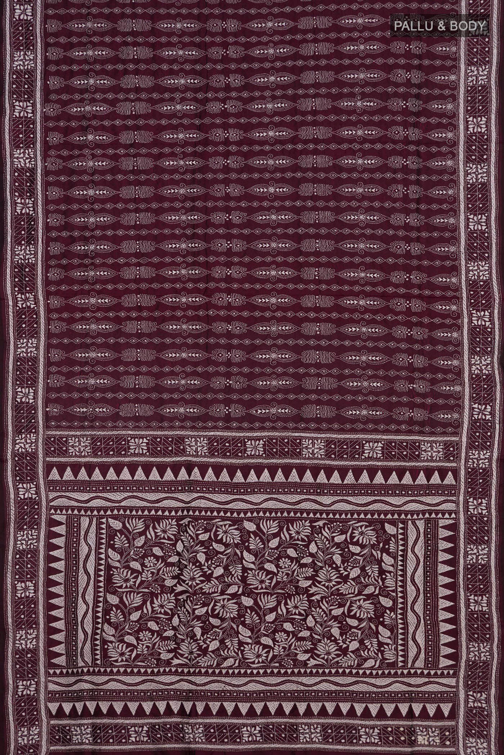Flat view of Pure Silk Coffee Brown Kantha Saree with Kantha Work on the body and Thread Border. 