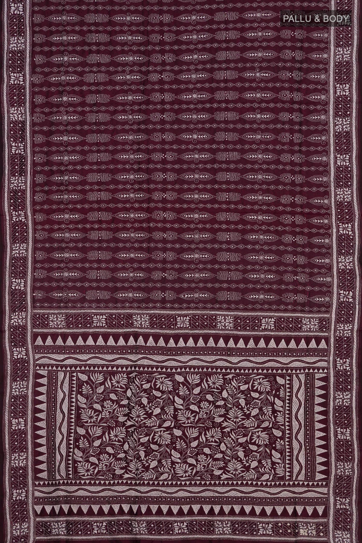 Flat view of Pure Silk Coffee Brown Kantha Saree with Kantha Work on the body and Thread Border. 