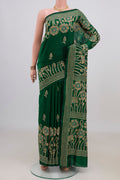 Pure Silk Green Kantha Saree with Kantha Work on the body and Thread Border.  displayed on a mannequin
