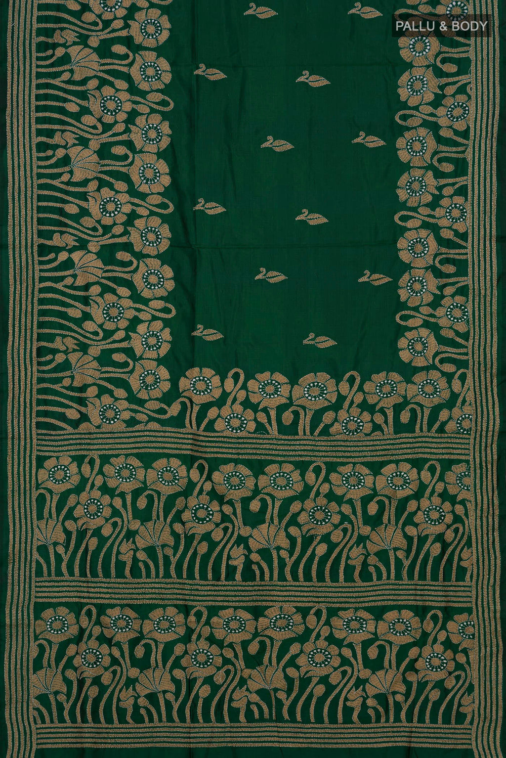 Flat view of Pure Silk Green Kantha Saree with Kantha Work on the body and Thread Border. 
