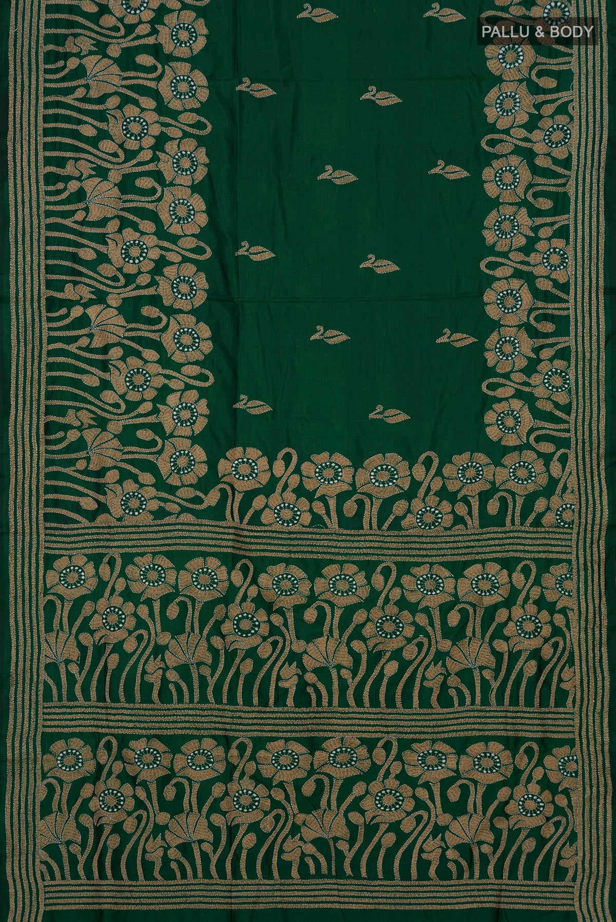 Flat view of Pure Silk Green Kantha Saree with Kantha Work on the body and Thread Border. 