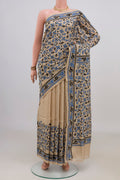 Beige Tussar Saree with Kantha Work on the body and Thread Border.  displayed on a mannequin