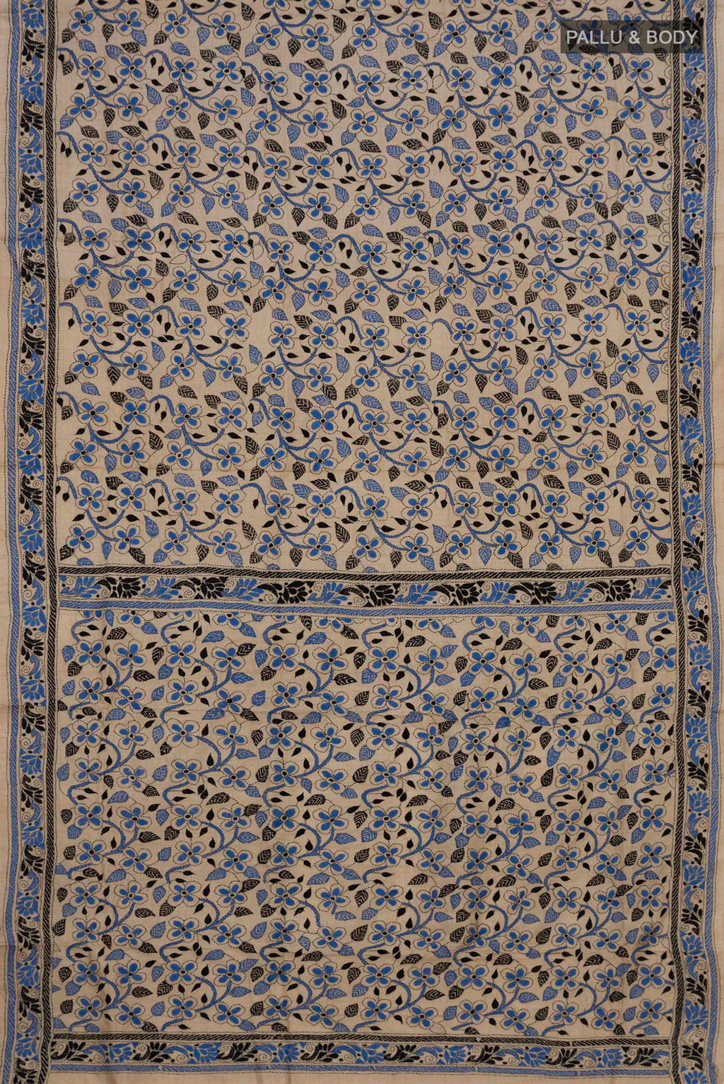 Flat view of Beige Tussar Saree with Kantha Work on the body and Thread Border. 