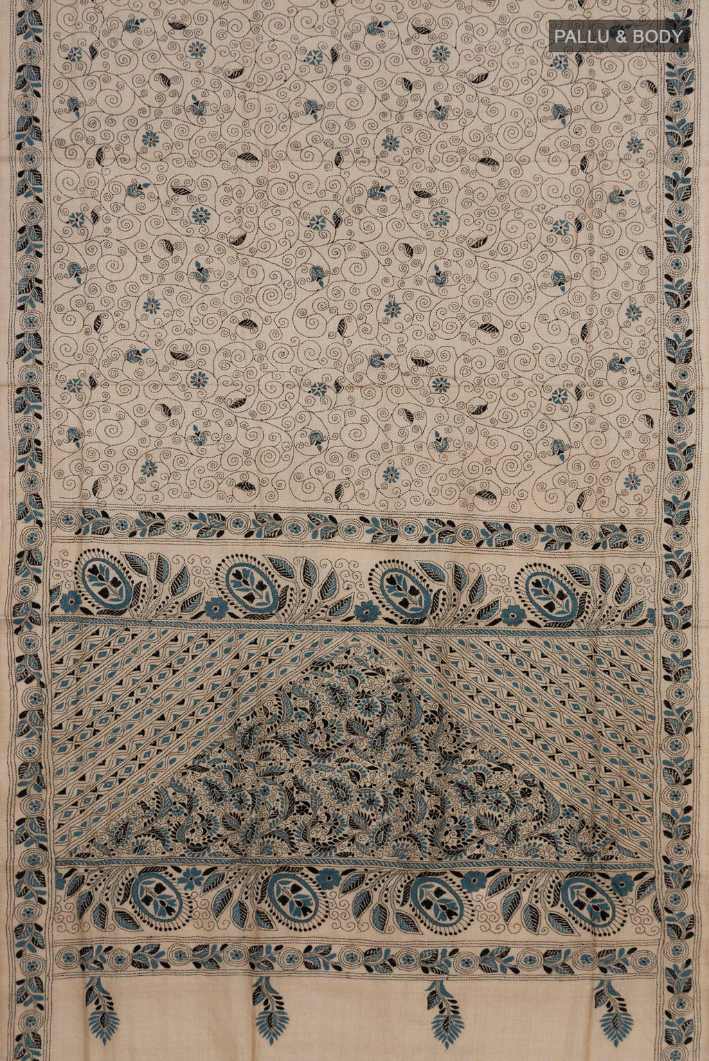 Flat view of Pure Silk Cream Kantha Saree with Kantha Work on the body and Thread Border. 