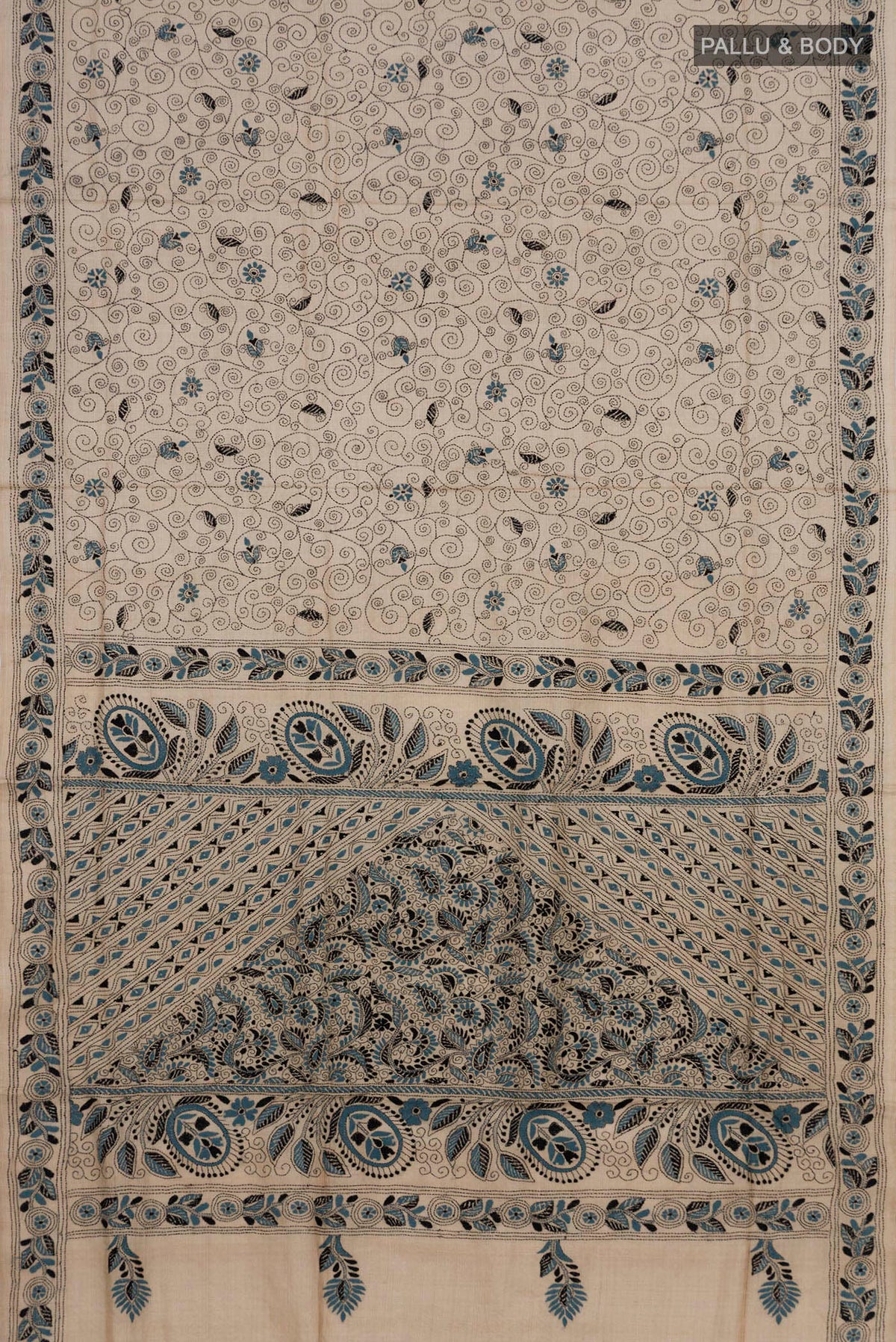 Flat view of Pure Silk Cream Kantha Saree with Kantha Work on the body and Thread Border. 