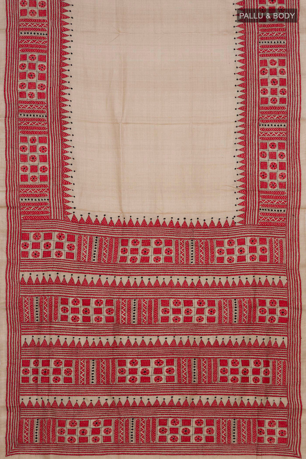 Flat view of Beige Tussar Saree with Kantha Work on the body and Embroidery Border. 
