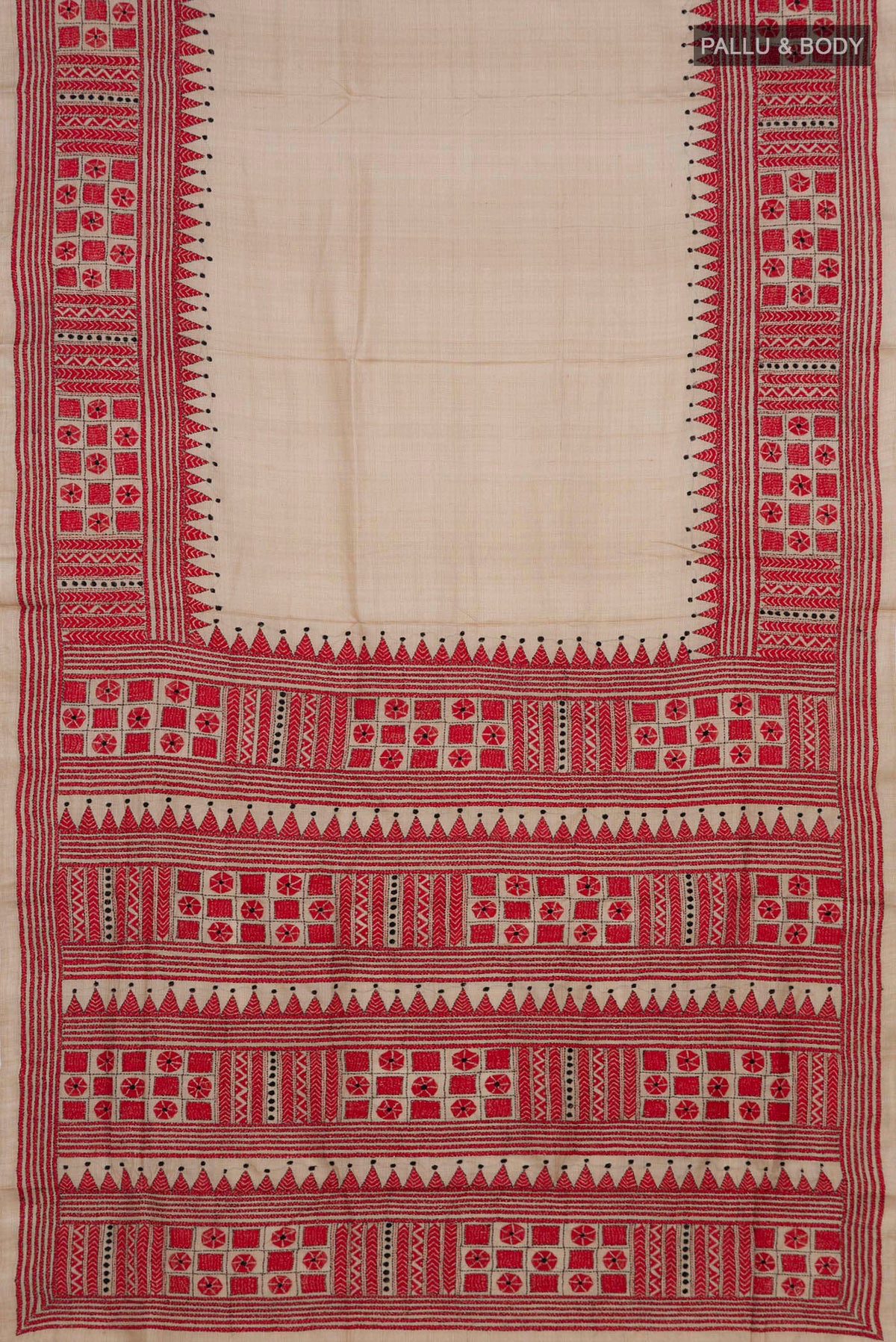 Flat view of Beige Tussar Saree with Kantha Work on the body and Embroidery Border. 