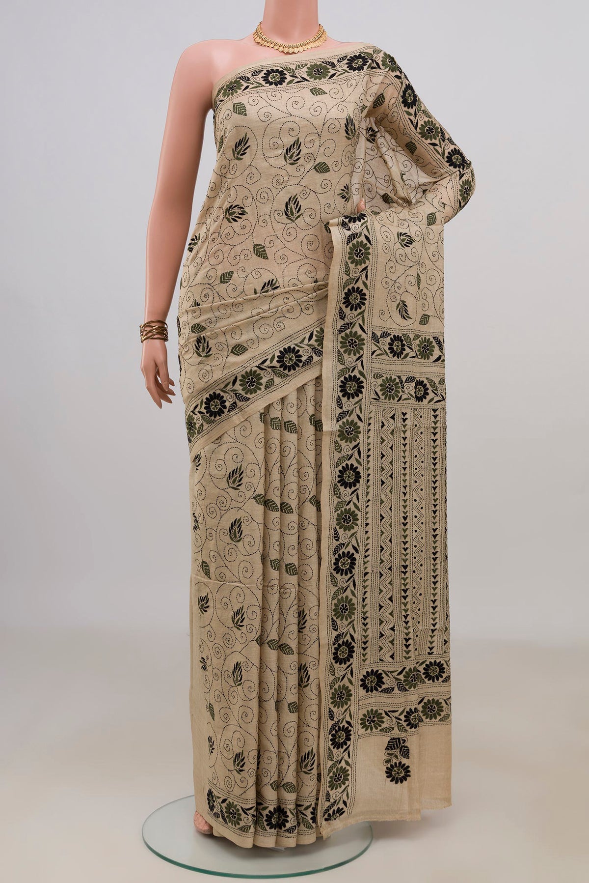 Pure Silk Cream Tussar Saree with Kantha Work on the body and Thread Border.  displayed on a mannequin