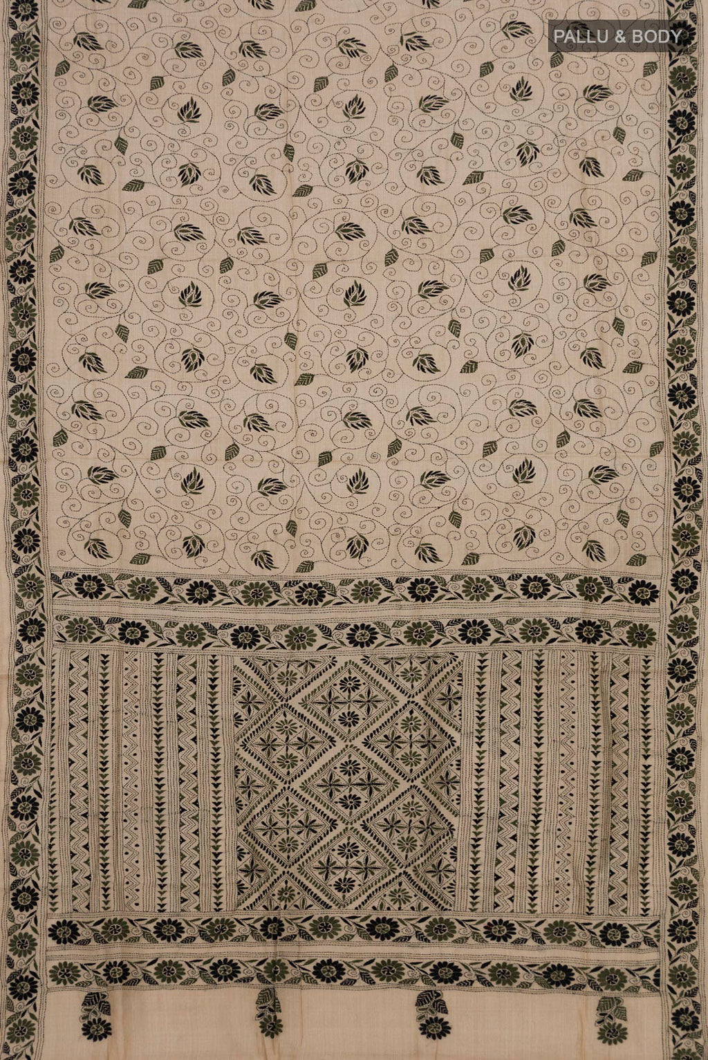 Flat view of Pure Silk Cream Tussar Saree with Kantha Work on the body and Thread Border. 