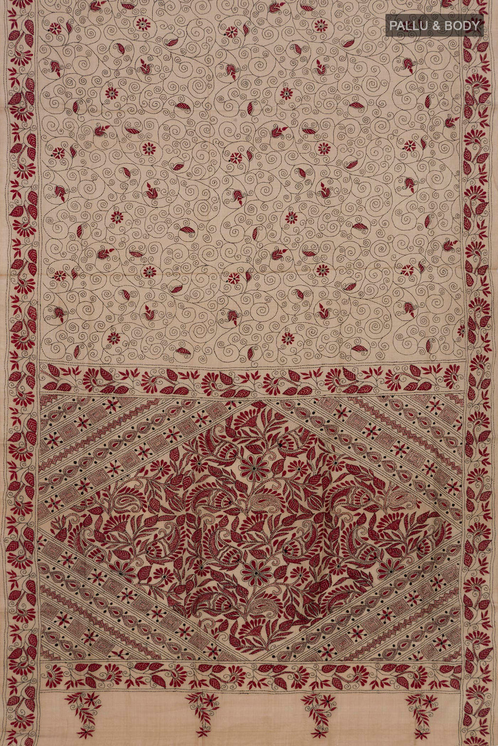 Flat view of Pure Silk Cream Tussar Saree with Kantha Work on the body and Thread Border. 