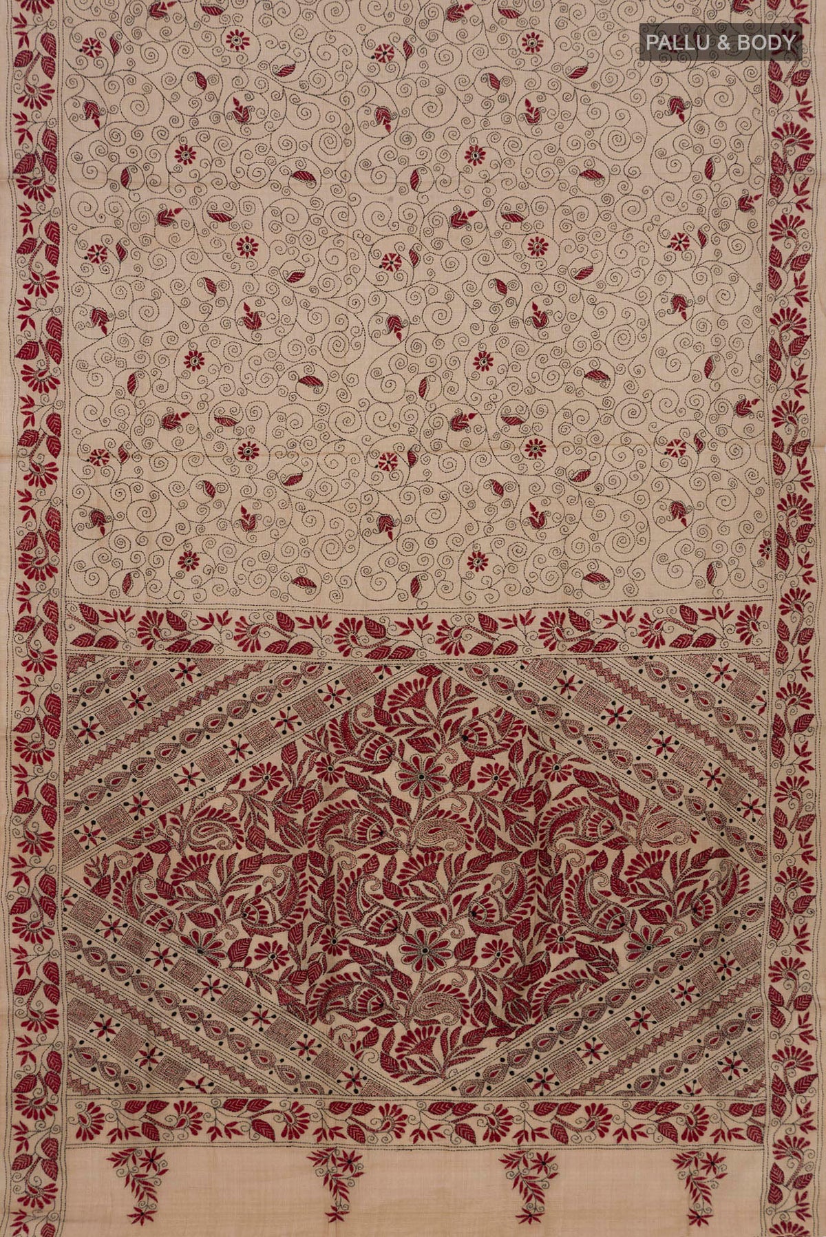 Flat view of Pure Silk Cream Tussar Saree with Kantha Work on the body and Thread Border. 